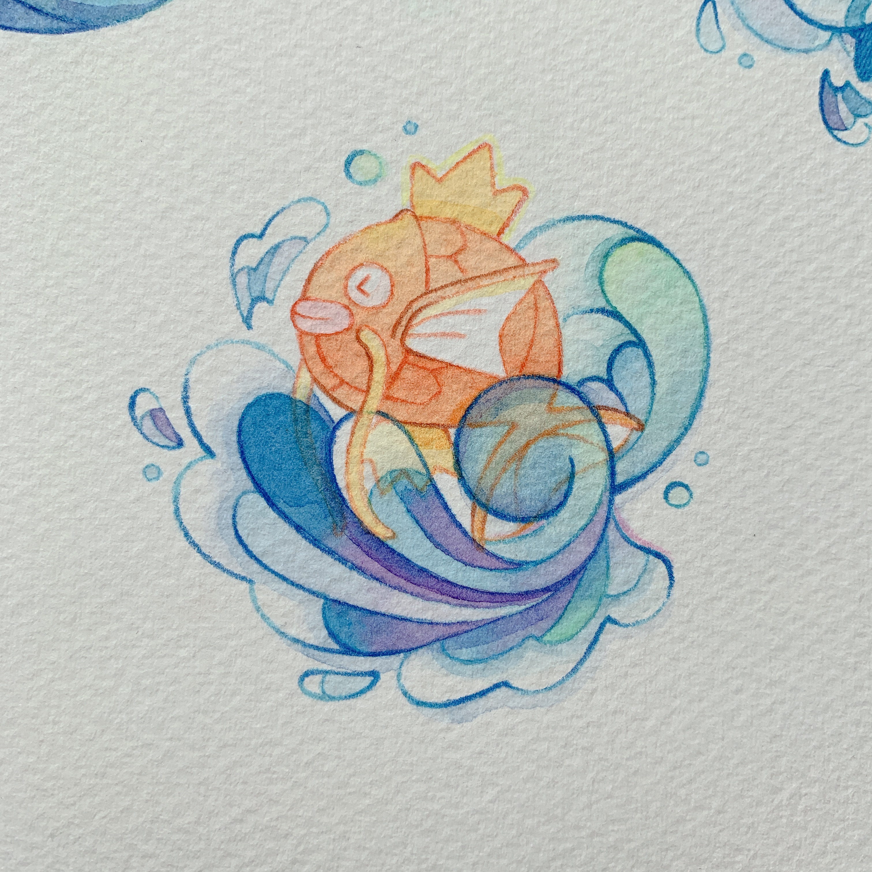 kox hsl, magikarp, nintendo, pokemon, absurdres, commentary request, highres, painting (medium), photo (medium), traditional media, watercolor (medium), > <, animal focus, bubble, closed mouth, fish, full body, gen 1 pokemon, no humans, paper texture, pokemon (creature), waves