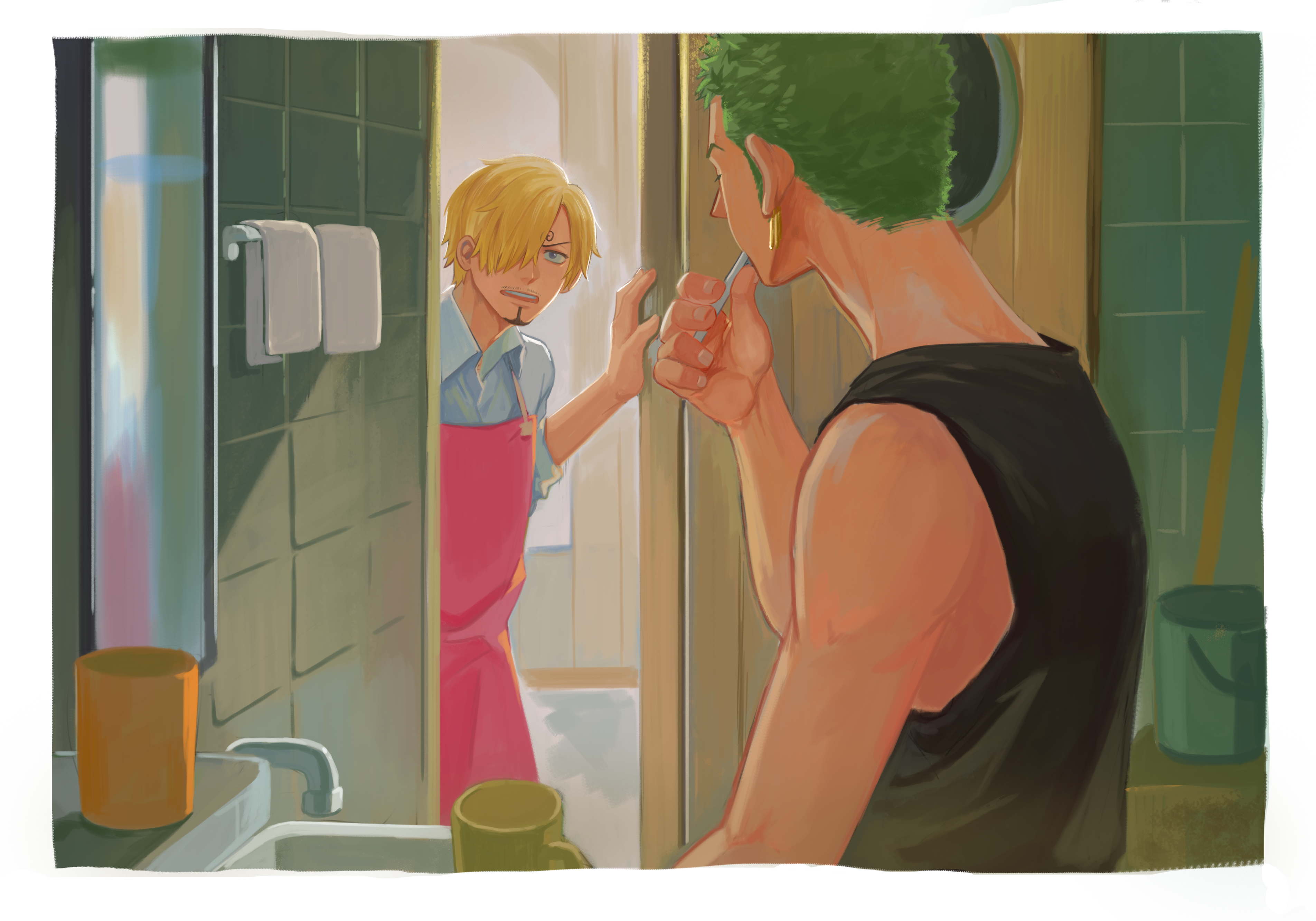jennyandloiryan, roronoa zoro, sanji (one piece), one piece, absurdres, commentary, highres, 2boys, apron, bathroom, black shirt, blonde hair, blue shirt, border, brushing teeth, bucket, cup, curly eyebrows, doorway, earrings, facial hair, fingernails, goatee, grey hair, hair over one eye, jewelry, looking at another, male focus, mirror, morning, mug, multiple boys, mustache stubble, open mouth, pink apron, shirt, short hair, sideburns, sleeveless, sleeveless shirt, stubble, tile wall, tiles, towel, white border