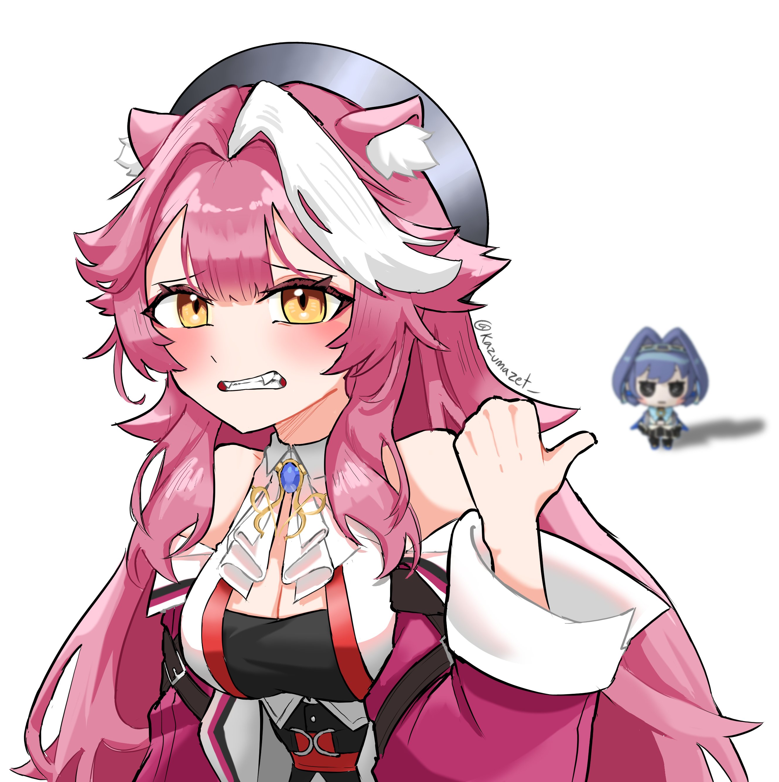 raora panthera, raora panthera (1st costume), hololive, hololive english, absurdres, highres, animal ear fluff, animal ears, blue hair, breasts, chibi, cleavage, fangs, frown, hair intakes, jacket, kazumazet, large breasts, long hair, long sleeves, multicolored hair, panther ears, panther girl, pink hair, pink jacket, pointing, pointing at another, sidelocks, simple background, upper body, virtual youtuber, white background, white hair, yellow eyes