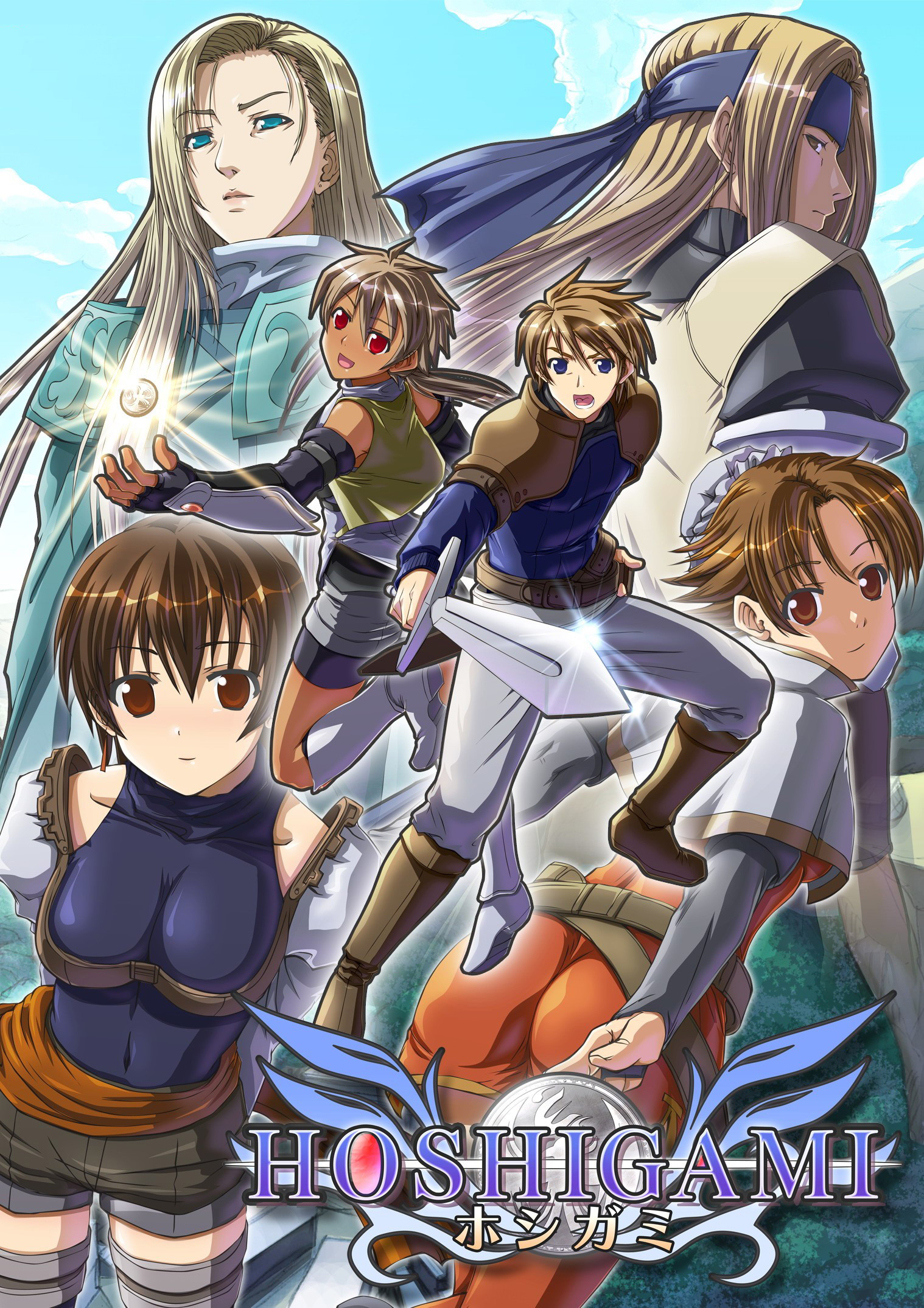 takamichi, elena (hoshigami), fazz, kasha, leimrey, silphatos, tinn, hoshigami, highres, 2boys, 4girls, multiple boys, multiple girls, sword, weapon