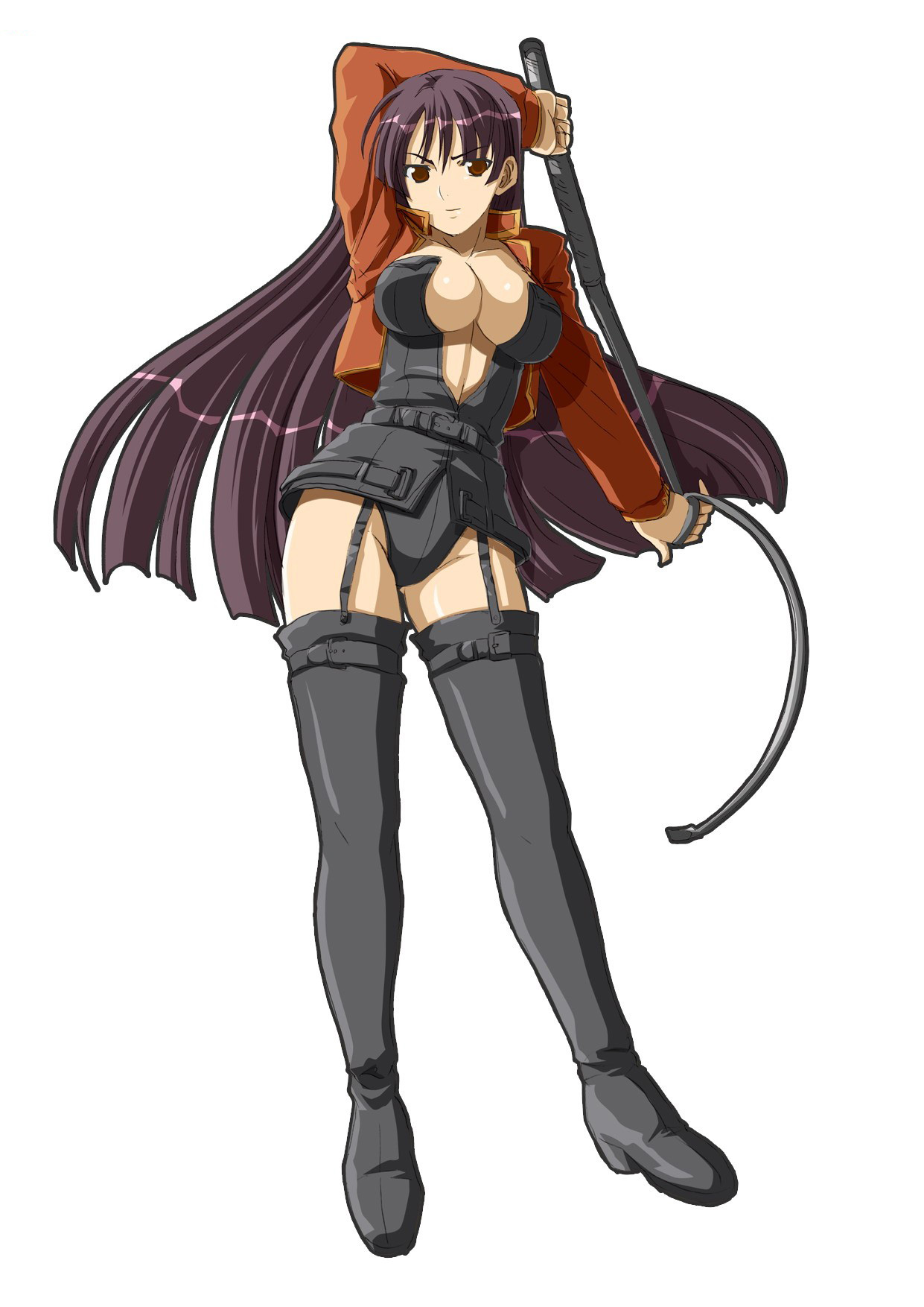 takamichi, jacqueline, hoshigami, highres, boots, breasts, cleavage, cropped jacket, garter straps, large breasts, long hair, purple hair, red eyes, solo, thigh boots, thighhighs, very long hair, whip