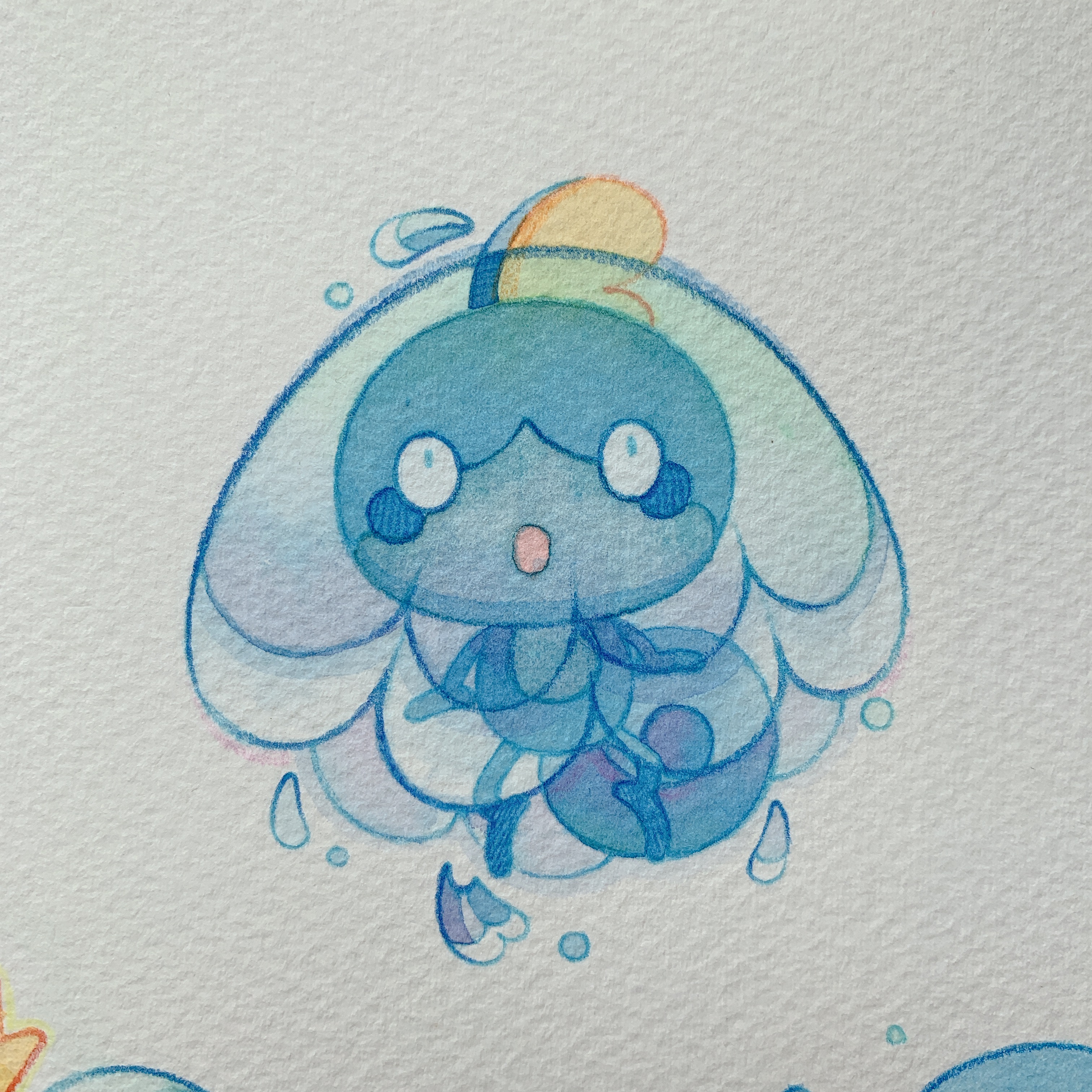 kox hsl, sobble, nintendo, pokemon, absurdres, commentary, highres, painting (medium), traditional media, watercolor (medium), animal focus, full body, gen 8 pokemon, looking up, no humans, open mouth, paper texture, pokemon (creature), solo, water drop, white background