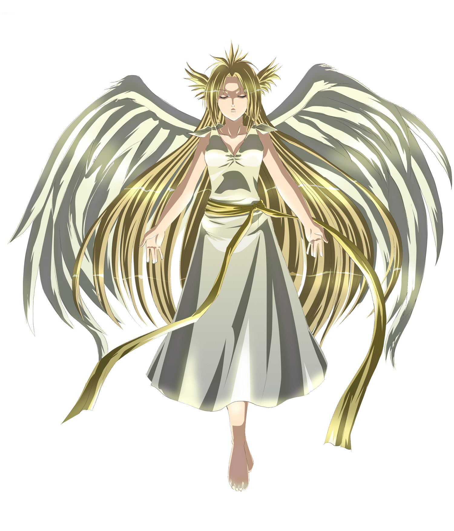 takamichi, elvilla, hoshigami, highres, 1girl, blonde hair, closed eyes, female focus, full body, long hair, simple background, solo, very long hair, white background, wings
