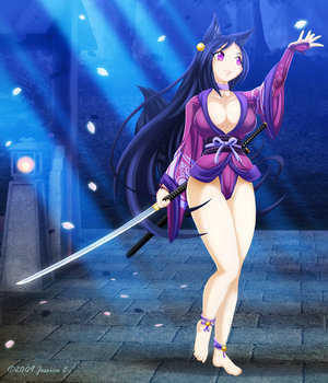 jessica elwood (artist), image sample, jpeg artifacts, lowres, 1girl, animal ears, barefoot, blue hair, female focus, katana, purple eyes, solo, sword, thumbnail, weapon