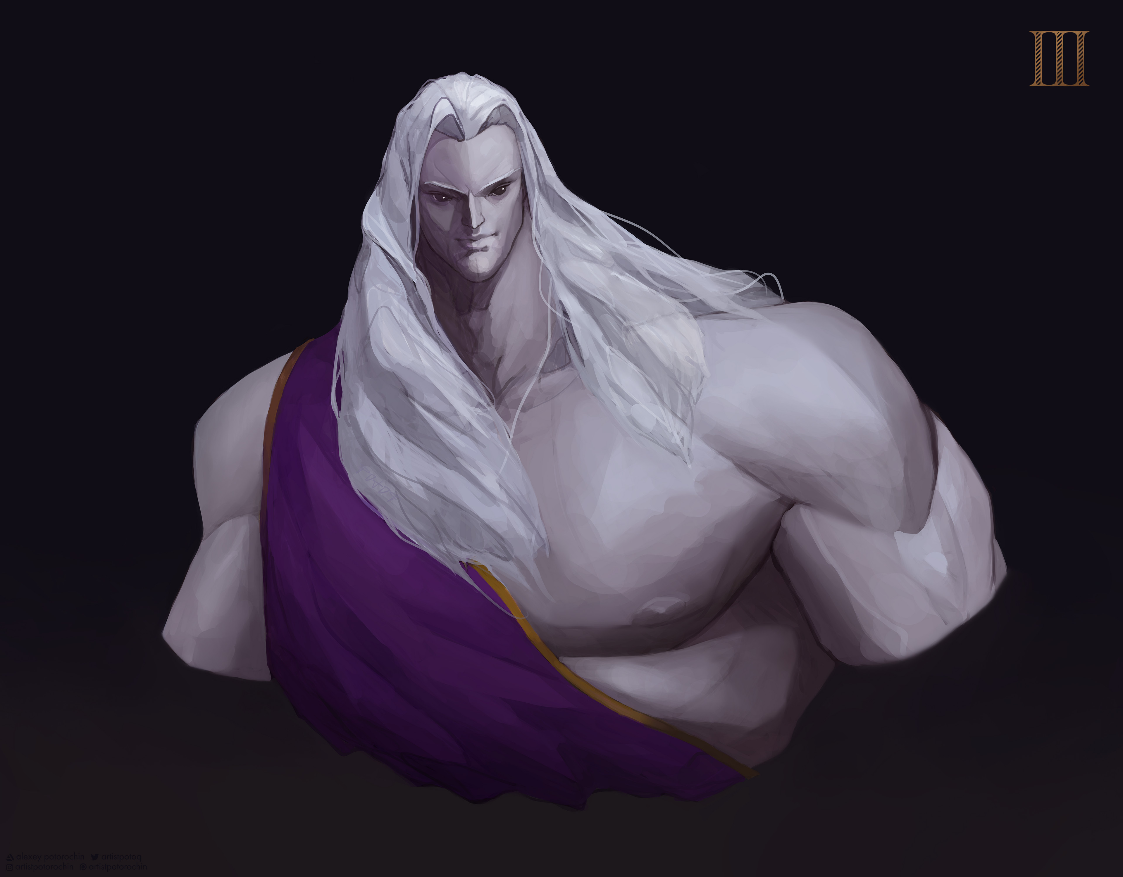 potoq, fulgrim, warhammer 40k, absurdres, commentary, english commentary, highres, 1boy, artist name, artstation logo, artstation username, black eyes, closed mouth, emperor's children, gold trim, instagram logo, instagram username, light smile, long hair, muscular, muscular male, nipples, pale skin, patreon logo, patreon username, pectorals, primarch, purple robe, robe, roman numeral, simple background, smile, solo, twitter logo, twitter username, white hair