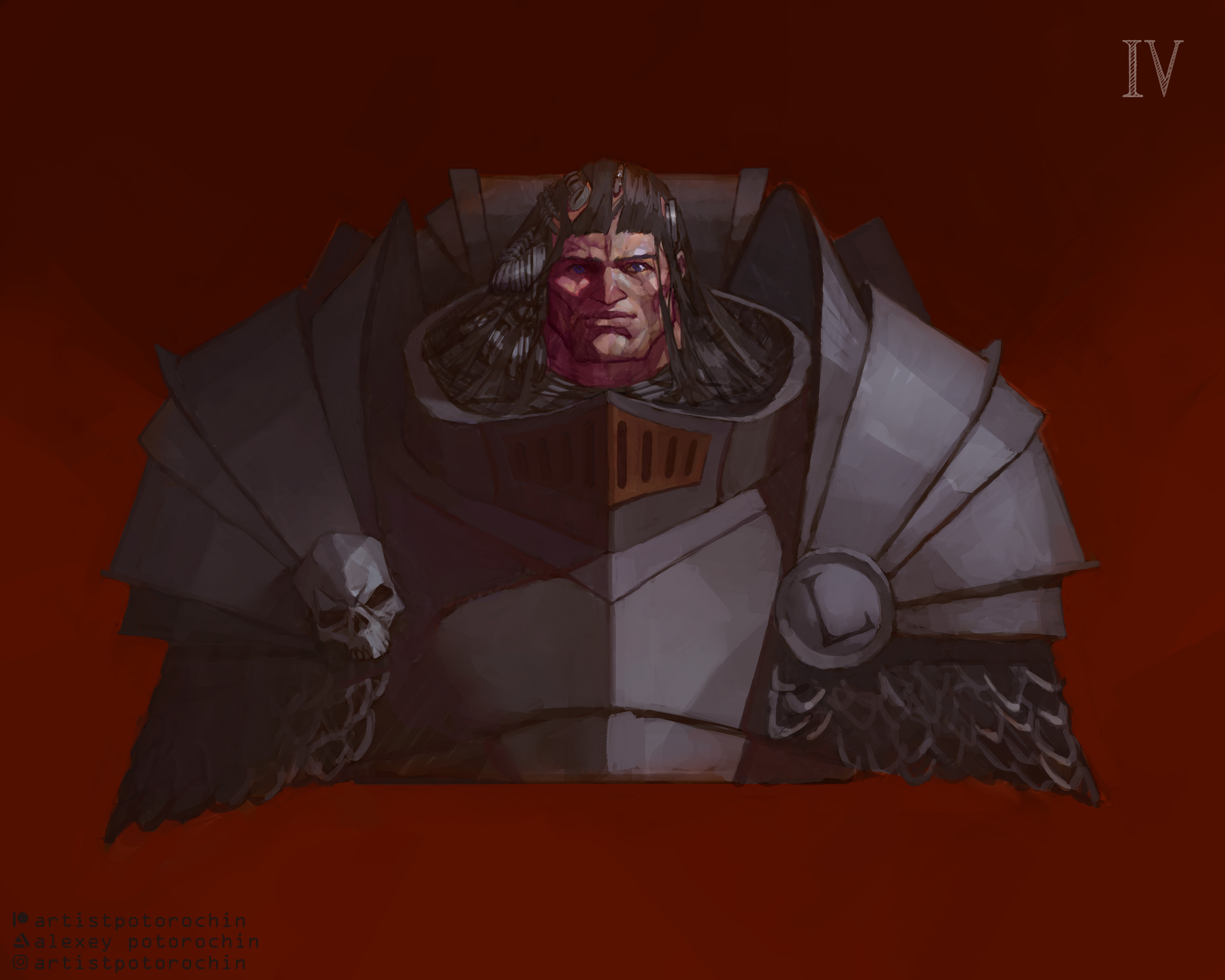 potoq, perturabo, warhammer 40k, absurdres, commentary, english commentary, highres, 1boy, armor, artist name, artstation logo, artstation username, black hair, blue eyes, breastplate, closed mouth, full armor, gorget, grey armor, instagram logo, instagram username, iron warriors, light smile, long hair, ornate armor, patreon logo, patreon username, pauldrons, power armor, primarch, red background, roman numeral, scale armor, shoulder armor, simple background, skull ornament, smile, solo