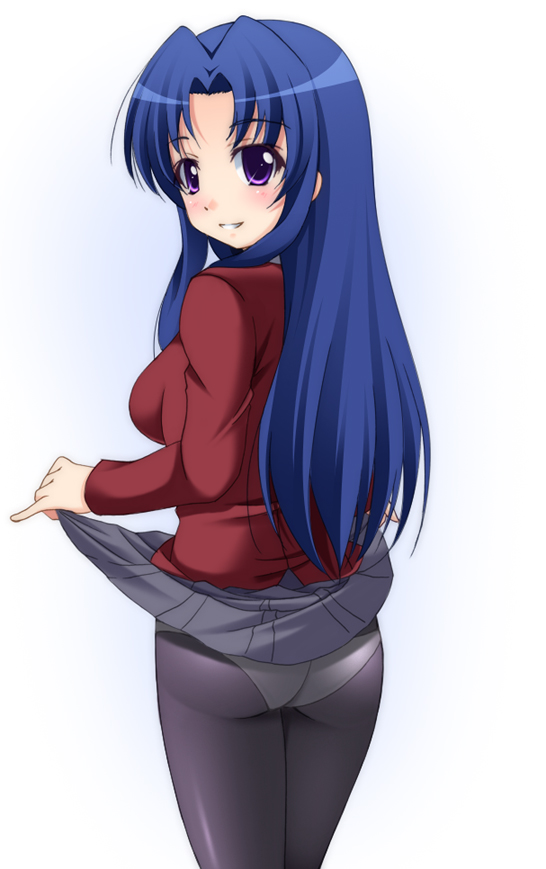 narutaki shin, kawashima ami, toradora!, 00s, 1girl, ass, blue hair, blush, clothes lift, female focus, long hair, looking back, open mouth, panties, panties under pantyhose, pantyhose, purple eyes, purple pantyhose, skirt, skirt lift, smile, solo, underwear, upskirt