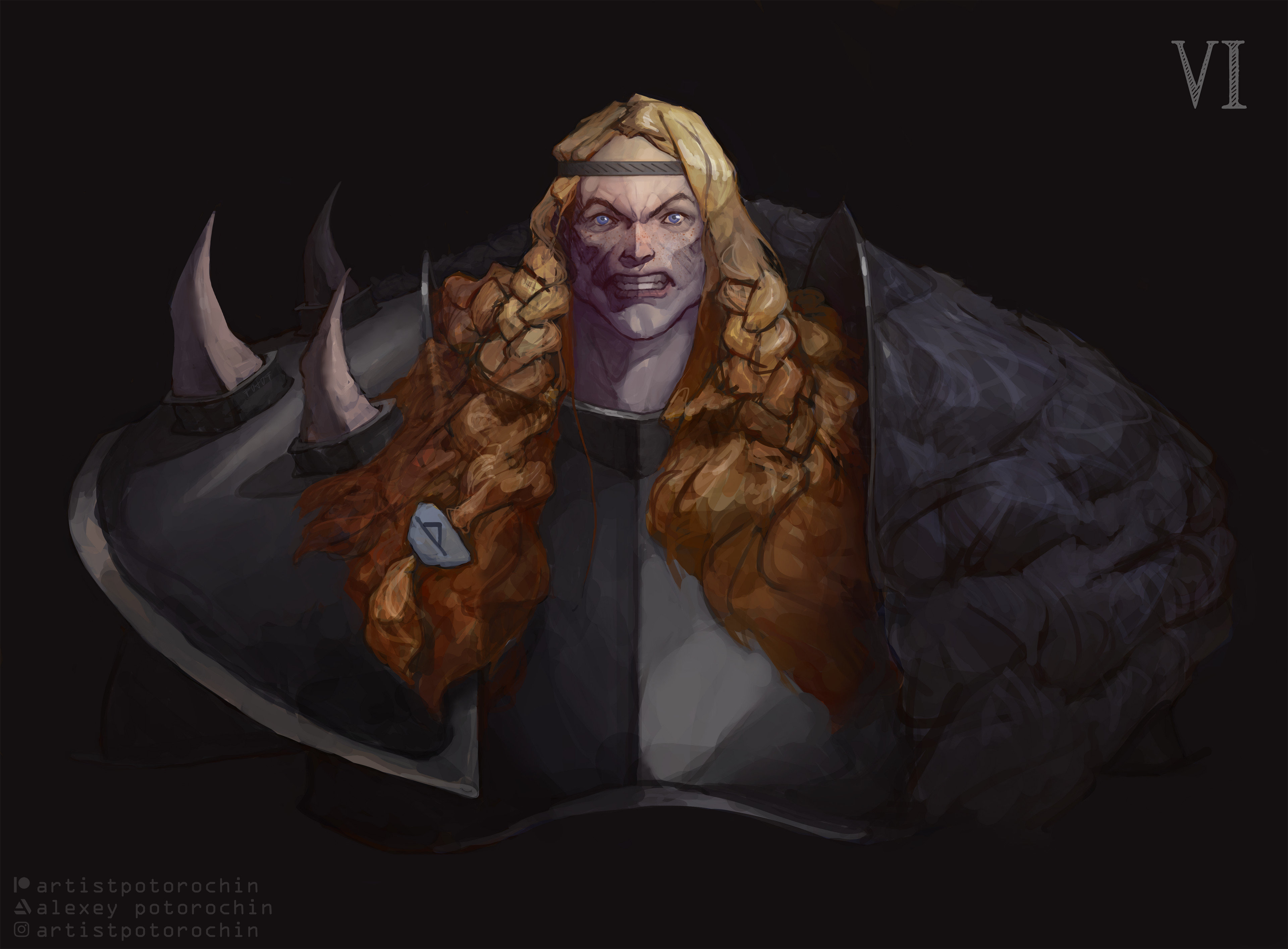 potoq, leman russ, space wolves, warhammer 40k, absurdres, commentary, english commentary, highres, 1boy, armor, artist name, artstation logo, artstation username, blonde hair, blue eyes, braid, breastplate, clenched teeth, grey armor, instagram logo, instagram username, long hair, looking at viewer, open mouth, patreon logo, patreon username, pauldrons, power armor, primarch, roman numeral, runes, shoulder armor, side braids, simple background, solo, spiked armor, spiked pauldrons, spikes, teeth, twin braids, viking