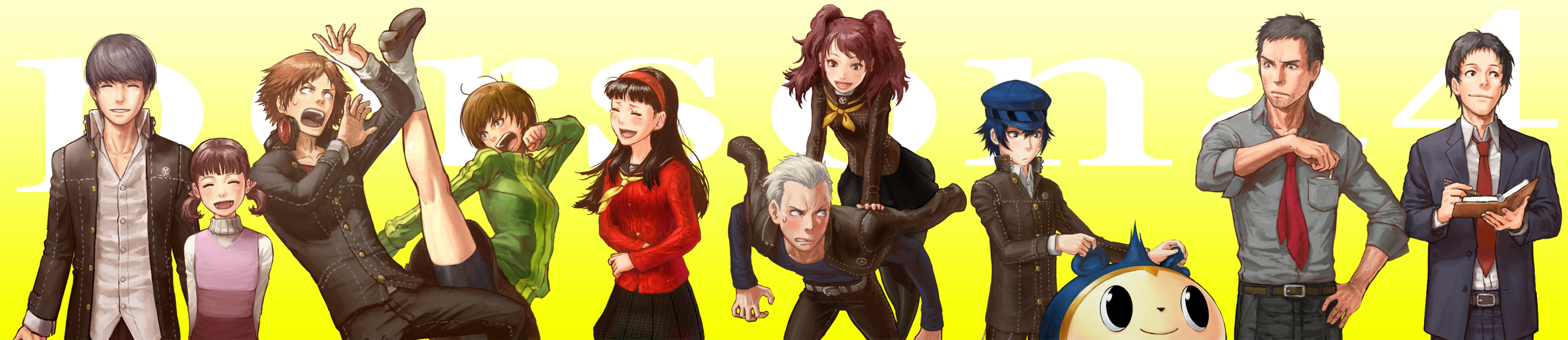 ikeda (cpt), adachi tooru, amagi yukiko, doujima nanako, doujima ryoutarou, hanamura yousuke, kujikawa rise, kuma (persona 4), narukami yu, satonaka chie, shirogane naoto, tatsumi kanji, atlus, persona, persona 4, absurdres, highres, long image, wide image, 5boys, 5girls, everyone, multiple boys, multiple girls