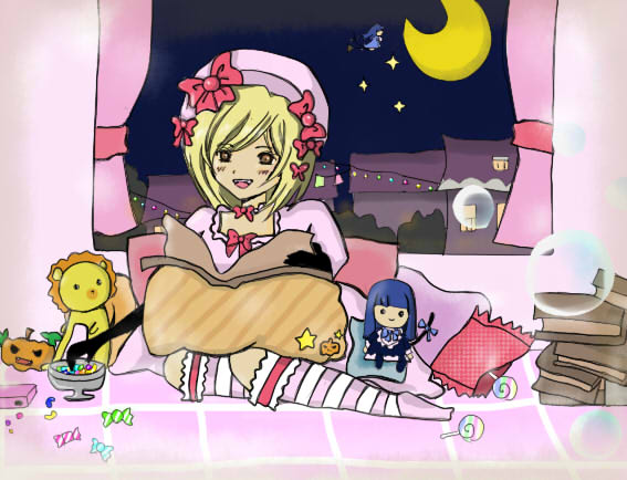 frederica bernkastel, lambdadelta, sakutarou (umineko), umineko no naku koro ni, 00s, 1girl, beret, blonde hair, book, candy, character doll, crescent moon, doll, dress, eating, female focus, food, gem, hat, jelly bean, moon, night, orange eyes, pearl (gemstone), pillow, pink dress, pink hat, pumpkin, ribbon, room, short hair, solo, star (symbol), stuffed animal, stuffed lion, stuffed toy, sweets, window