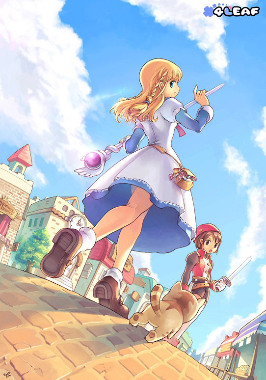 tiv, ispin charles, tichiel juspian, nexon, softmax, tales weaver, archived source, commentary, commentary request, english commentary, korean commentary, official art, photoshop (medium), 2girls, 4leaf, belt, belted shorts, beret, black belt, black shorts, black sleeves, blonde hair, blue dress, blue eyes, blue sky, blue sleeves, braid, breasts, brick road, brown belt, brown cat, brown eyes, brown fur, brown hair, brown shoes, building, buttons, cat, closed mouth, collared jacket, company name, dated commentary, day, door, dress, dress shoes, food stand, from below, full body, gold buttons, hair between eyes, hat, high collar, holding, holding staff, holding sword, holding weapon, jacket, juliet sleeves, lace, lace-trimmed dress, lace trim, layered sleeves, left-handed, lens flare, long hair, long sleeves, looking at another, looking at viewer, loose belt, low-braided long hair, low-tied long hair, mary janes, medium breasts, medium dress, multiple girls, outdoors, pouch, profile, puffy short sleeves, puffy sleeves, red hat, red jacket, round door, shoe soles, shoes, short hair, short over long sleeves, short sleeves, shorts, signature, sky, sleeve cuffs, sleeveless, sleeveless jacket, smile, staff, stairs, striped tail, sword, tail, town, tree, twin braids, walking, weapon, white dress, white sleeves