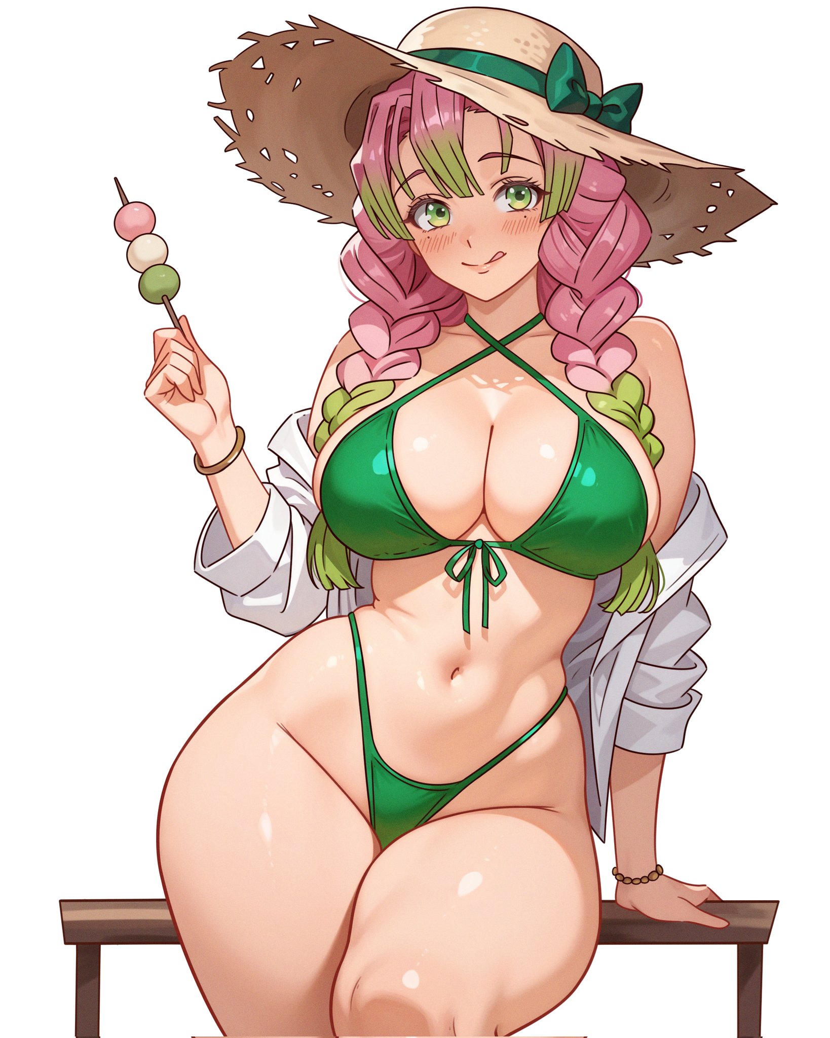 reus (cetta), kanroji mitsuri, kimetsu no yaiba, commentary, corrupted twitter file, english commentary, highres, revision, 1girl, :q, arm support, bare shoulders, bead bracelet, beads, bikini, blush, bow, bracelet, braid, breasts, brown hat, criss-cross halter, dango, fewer digits, food, front-tie bikini top, front-tie top, gradient hair, green bikini, green bow, green eyes, green hair, groin, halterneck, hat, hat bow, highleg, highleg bikini, holding, holding food, jewelry, large breasts, long hair, looking at viewer, mole, mole under each eye, mole under eye, multicolored hair, multiple moles, navel, off shoulder, open clothes, open shirt, outside border, pink hair, shirt, simple background, sitting, skindentation, solo, stomach, straw hat, swimsuit, thick thighs, thighs, tongue, tongue out, tri braids, twin braids, wagashi, watermark, web address, white background, white shirt