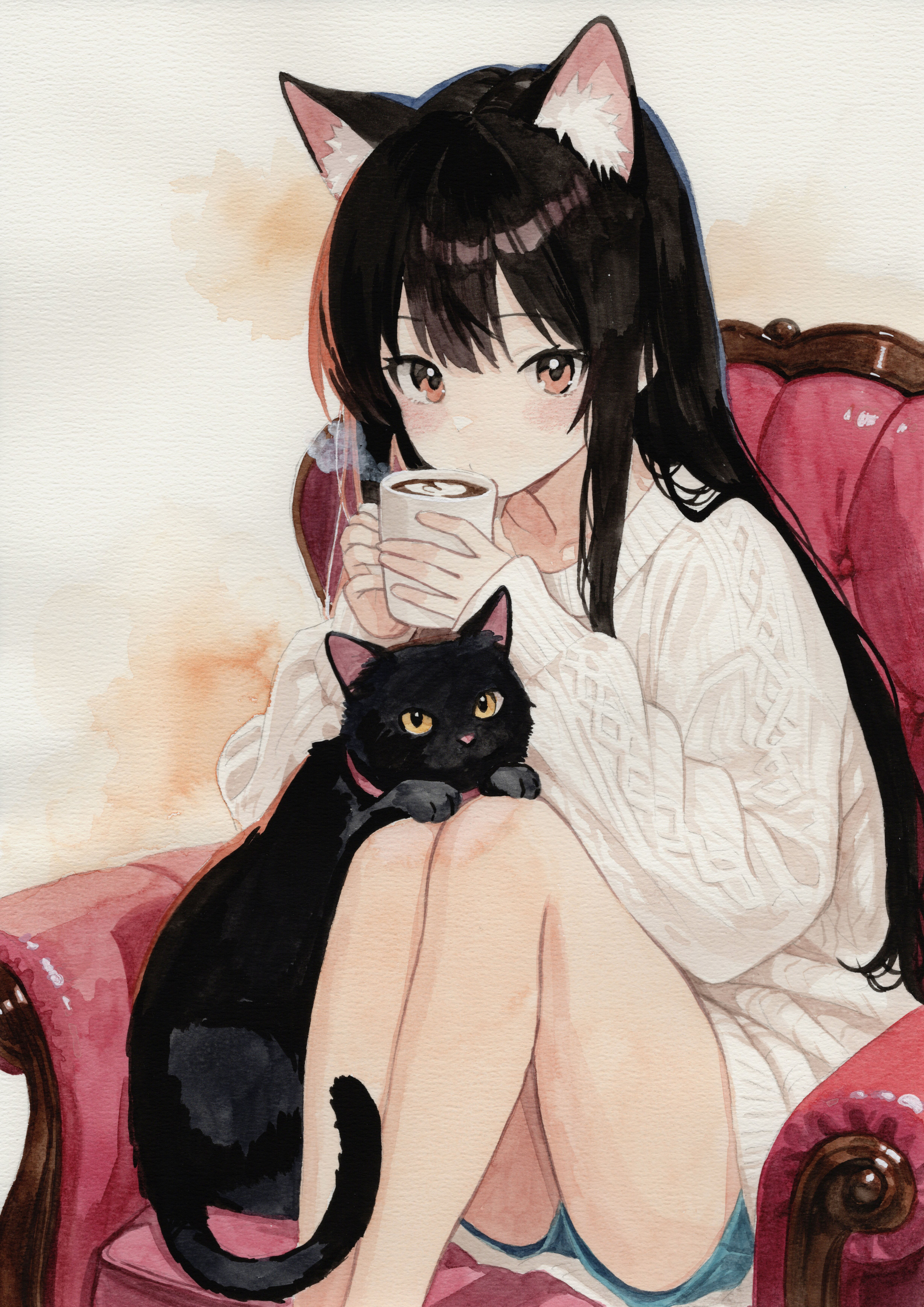 original, absurdres, highres, painting (medium), traditional media, watercolor (medium), 1girl, animal ears, armchair, ayane (ayaneiroaya), black cat, black hair, blue shorts, cat, cat ears, cat girl, cat tail, chair, cup, denim, denim shorts, extra ears, holding, holding cup, hot chocolate, knit sweater, long hair, long sleeves, looking at viewer, mug, short shorts, shorts, simple background, sitting, steam, sweater, tail, white sweater