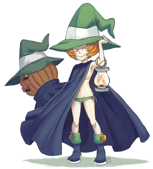 kinuko (kinucakes), pyro jack, atlus, shin megami tensei, 1girl, bikini, cape, demon (megami tensei), female focus, green bikini, hat, lantern, naked cape, no bra, orange hair, personification, side-tie bikini bottom, solo, swimsuit, witch hat, yellow eyes