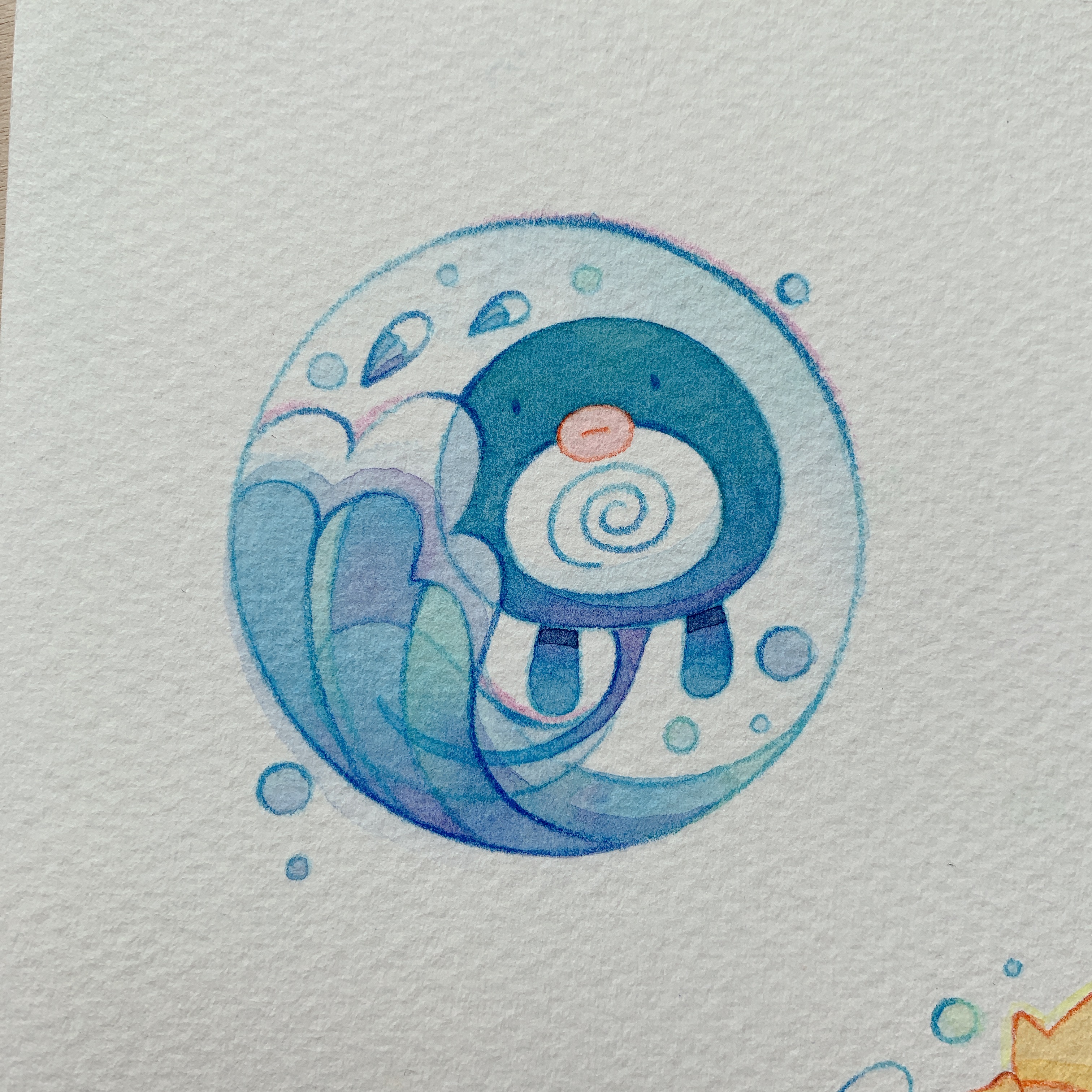 kox hsl, poliwag, nintendo, pokemon, absurdres, commentary, highres, painting (medium), photo (medium), traditional media, watercolor (medium), animal focus, bubble, closed mouth, full body, gen 1 pokemon, no humans, paper texture, pokemon (creature), solid oval eyes, solo, water drop, waves, white background