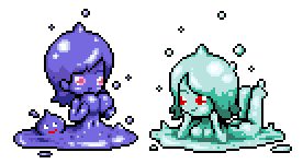 paul robertson, slime (dragon quest), dragon quest, lowres, 2girls, breasts, colored skin, large breasts, looking at another, lying, medium breasts, monster girl, multiple girls, on stomach, pink eyes, pixel art, purple hair, purple skin, red eyes, simple background, slime (substance), slime girl, smile, the pose, transparent background, white hair, white skin