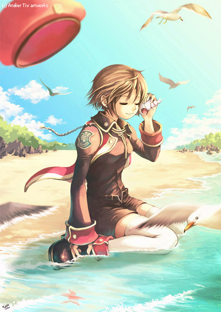 tiv, ispin charles, nexon, softmax, tales weaver, archived source, commentary, commentary request, english commentary, korean commentary, official art, photoshop (medium), 1girl, 4leaf, artist name, beach, belted shorts, beret, bird, black shirt, black shoes, black shorts, black sleeves, blue sky, breasts, brown hair, buttoned cuffs, buttons, closed eyes, closed mouth, cloud, collared shirt, copyright notice, dated commentary, day, gold buttons, hair between eyes, hat, holding seashell, jacket, medium breasts, open clothes, open jacket, outdoors, red hat, red jacket, rock, sand, seagull, seashell, shell, shirt, shoes, short hair, shorts, signature, sitting, sky, sleeve cuffs, sleeveless, sleeveless jacket, smile, solo, sunlight, thighhighs, tree, unbuttoned jacket, unworn hat, unworn headwear, wariza, water, white thighhighs, wing collar