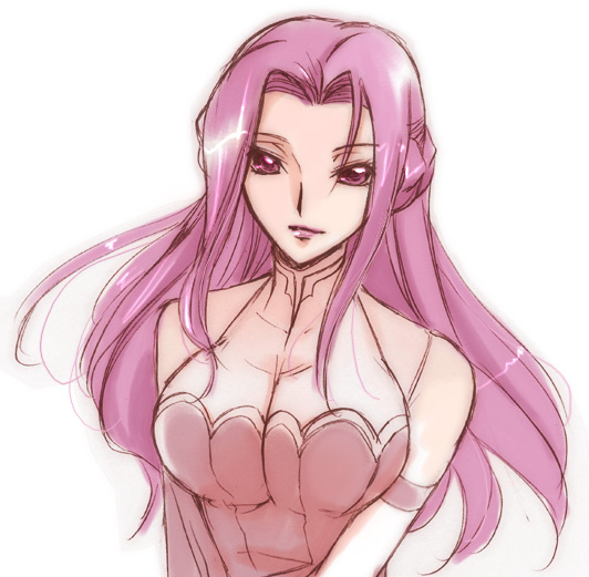 akina tsukako, cornelia li britannia, code geass, 00s, 1girl, bare shoulders, breasts, cleavage, female focus, long hair, pink hair, simple background, solo, white background