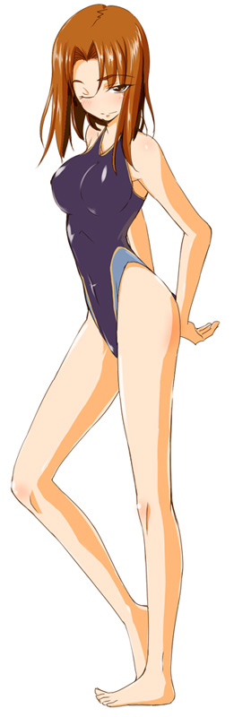 fue (rhomphair), mitsuzuri ayako, fate/stay night, fate (series), long image, tall image, 00s, 1girl, barefoot, blush, breasts, brown eyes, brown hair, competition swimsuit, feet, female focus, full body, large breasts, legs, long hair, long legs, one-piece swimsuit, one eye closed, short hair, simple background, solo, standing, swimsuit, white background, wink