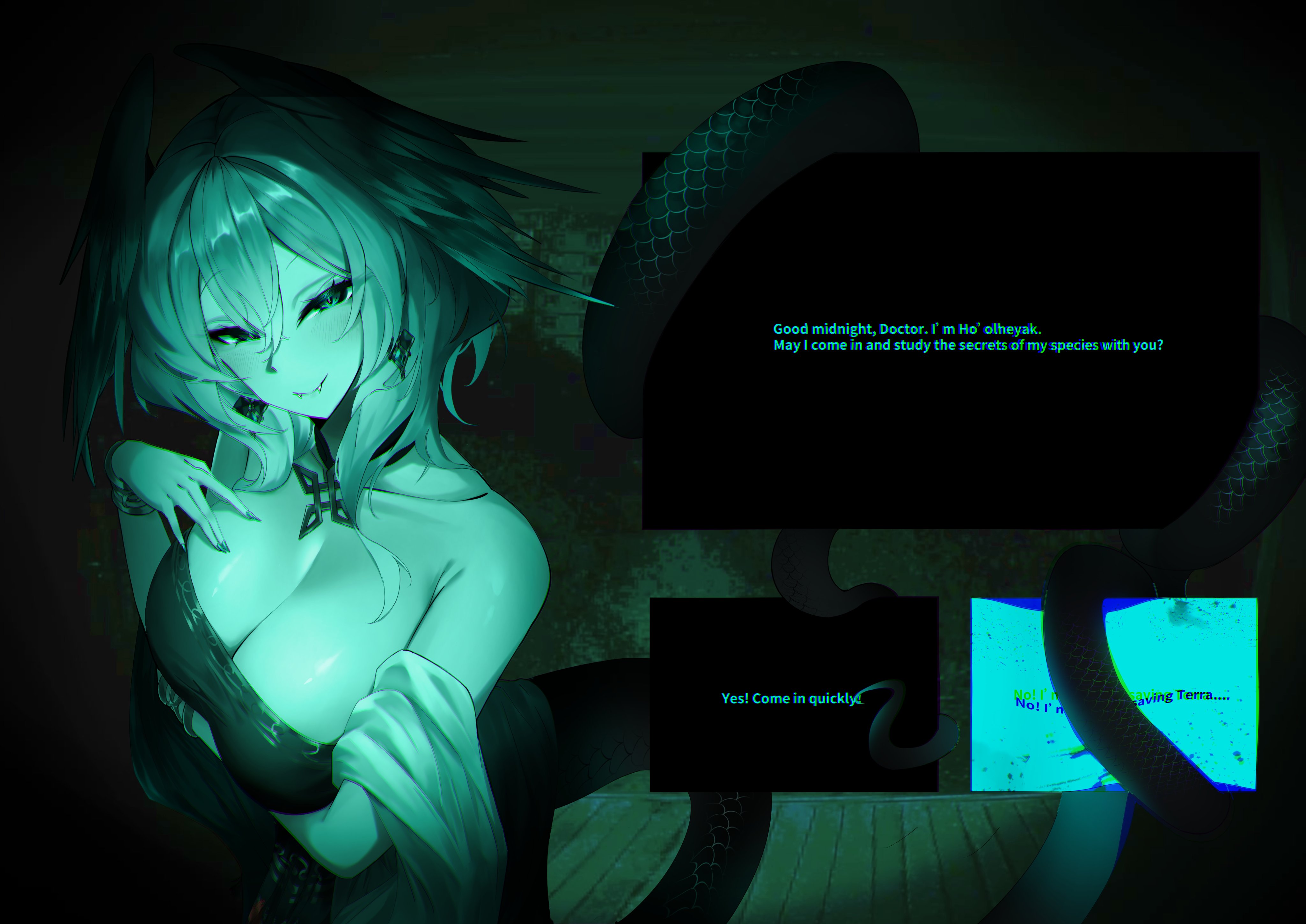 yuki (yuki yu owo), ho'olheyak (arknights), ho'olheyak (carriage of the winds of time) (arknights), ambience synesthesia, arknights, no i'm not a human, absurdres, highres, 1girl, bare shoulders, breasts, cleavage, dress, earrings, english text, fangs, feathered wings, gameplay mechanics, hair between eyes, hand on own chest, hand up, head wings, jewelry, large breasts, long tail, looking at viewer, medium hair, official alternate costume, smile, snake tail, solo, strapless, strapless dress, tail, tail wrap, user interface, wings