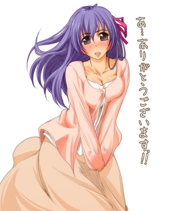 fue (rhomphair), matou sakura, fate/stay night, fate (series), 00s, 1girl, blush, breasts, casual, cleavage, female focus, medium breasts, purple eyes, purple hair, solo