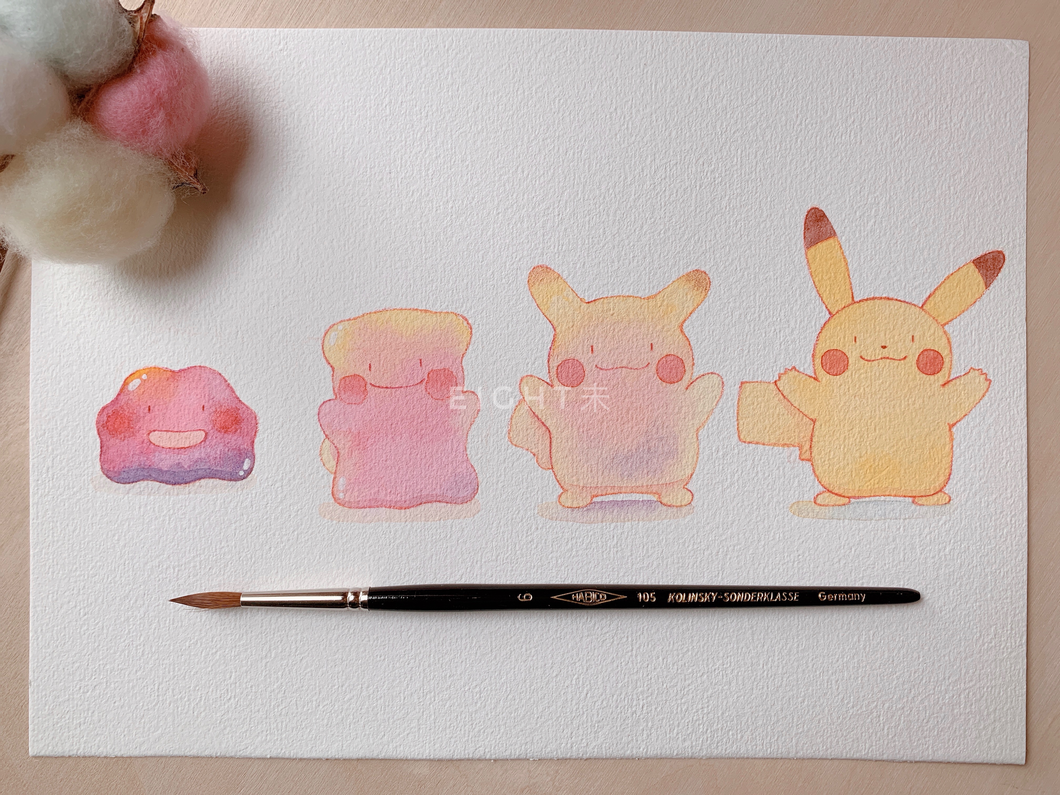 kox hsl, ditto, pikachu, transformed ditto, nintendo, pokemon, absurdres, commentary request, highres, painting (medium), traditional media, watercolor (medium), :3, art tools in frame, full body, gen 1 pokemon, no humans, open mouth, paper, pokemon (creature), smile, transformation, white background