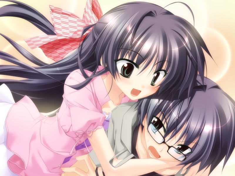 emoto aki, emoto yuriko, asanagi no aquanauts, silver hair, game cg, non-web source, 1boy, 1girl, black eyes, black hair, brother and sister, casual, glasses, hetero, hug, long hair, short hair, siblings