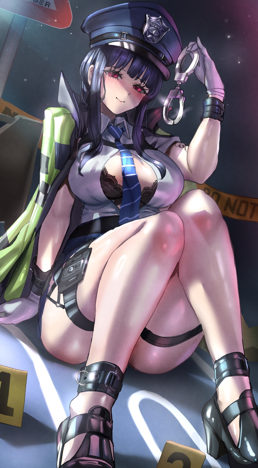 himonoata, d (killer wife) (secret police) (nikke), d (nikke), goddess of victory: nikke, highres, 1girl, black hair, black hat, black shoes, blue necktie, blush, breasts, closed mouth, collared shirt, cuffs, gloves, handcuffs, hat, holding, holding handcuffs, large breasts, looking at viewer, necktie, official alternate costume, police hat, red eyes, shirt, shoes, sitting, smile, thigh strap, thighs, white gloves, white shirt