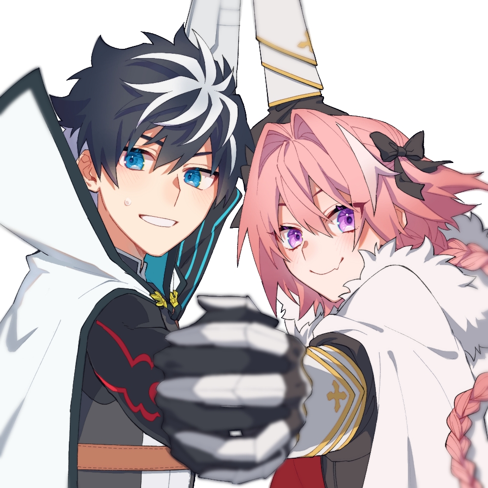 tanaka (pixiv 51053205), astolfo (fate), charlemagne (fate), fate/grand order, fate (series), 2boys, androgynous, blue eyes, blush, cape, eyelashes, fang, friends, fur-trimmed cape, fur trim, gauntlets, grin, hair intakes, high collar, holding, long hair, male focus, multicolored hair, multiple boys, pink hair, purple eyes, short hair, simple background, skin fang, smile, streaked hair, sweatdrop, upper body
