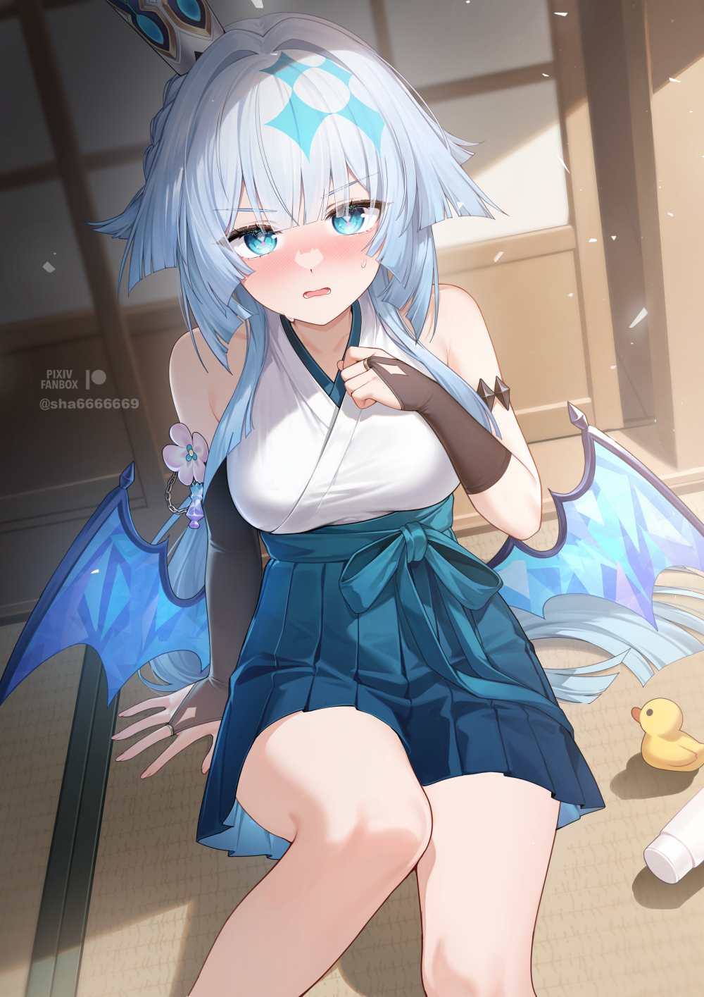 shrimp cake, cerydra (honkai: star rail), honkai: star rail, honkai (series), commentary request, highres, paid reward available, partial commentary, 1girl, alternate costume, aqua eyes, aqua skirt, bare shoulders, black bridal gauntlets, blue hakama, blush, breasts, bridal gauntlets, crown, feet out of frame, grey hair, hakama, hakama skirt, japanese clothes, kimono, large breasts, long hair, looking at viewer, low wings, nose blush, open mouth, rubber duck, sitting, skirt, sleeveless, sleeveless kimono, solo, sweatdrop, twitter username, very long hair, white kimono, wings