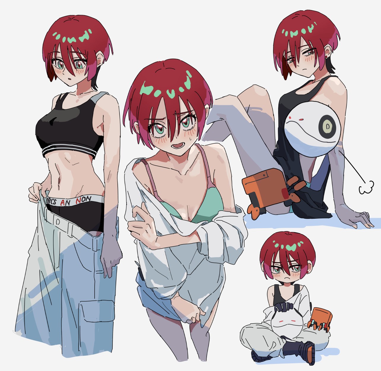 o6nuqm, amate yuzuriha, conch (gundam), haro, shuji ito, gundam, gundam gquuuuuux, highres, 1girl, aqua eyes, bike shorts, black sports bra, blush, bra, breasts, closed mouth, cosplay, gloves, holding, looking at viewer, low-cut armhole, multicolored hair, non-humanoid robot, open mouth, panties, pants, purple hair, red hair, robot, shirt, short hair, shuji ito (cosplay), simple background, smile, sports bra, sportswear, underwear, white background