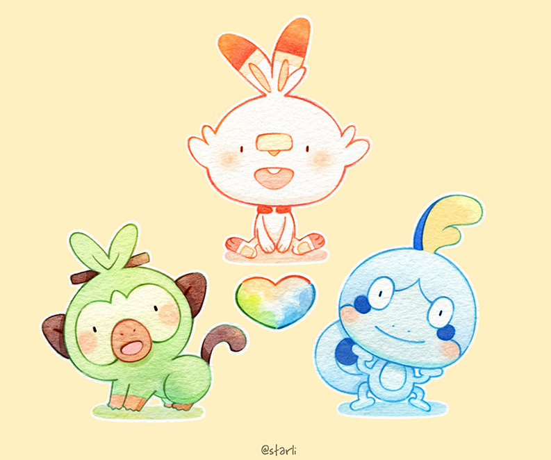 kox hsl, grookey, scorbunny, sobble, nintendo, pokemon, commentary request, painting (medium), traditional media, watercolor (medium), blush, full body, gen 8 pokemon, heart, no humans, nostrils, open mouth, pokemon (creature), simple background, sitting, smile, twitter username