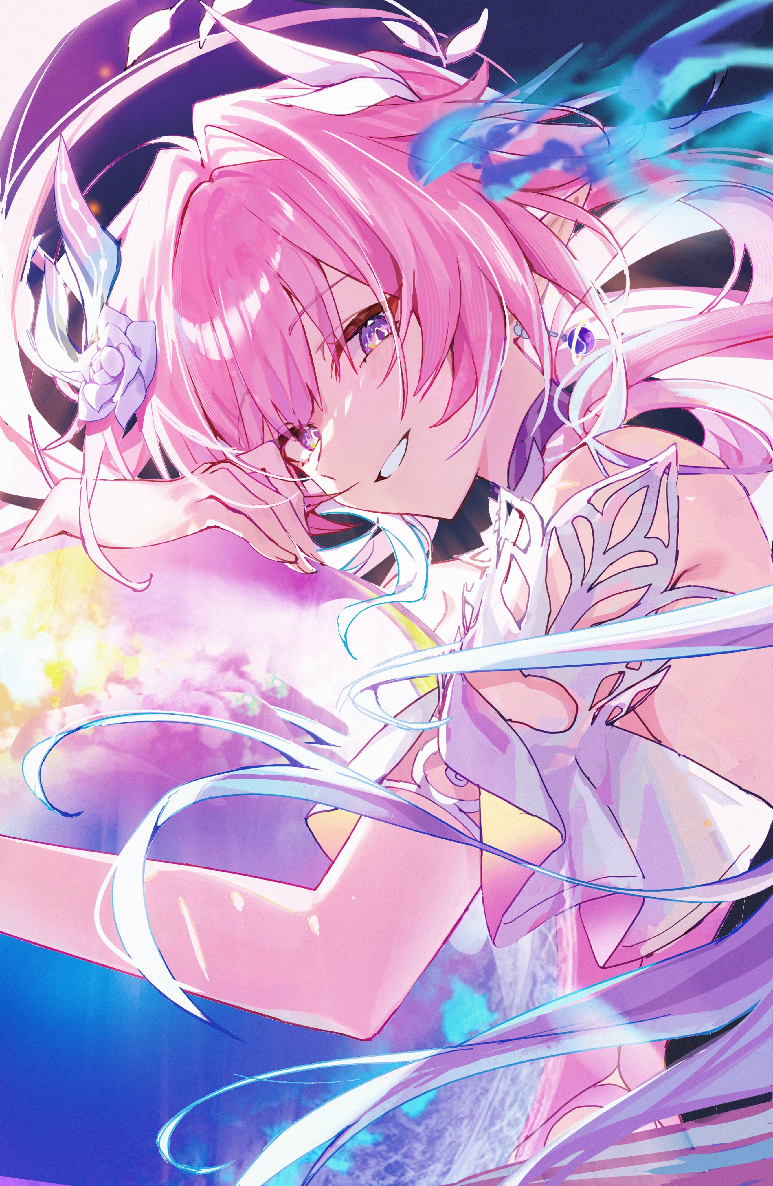 b soyo1, cyrene (honkai: star rail), cyrene (ripples of past reverie) (honkai: star rail), honkai: star rail, honkai (series), absurdres, commentary, hashtag-only commentary, highres, 1girl, bare shoulders, diamond-shaped pupils, diamond (shape), earrings, flower, from side, hair flower, hair ornament, holding orb, jewelry, long hair, looking at viewer, looking to the side, parted lips, pink hair, pointy ears, purple eyes, purple flower, purple rose, rose, sidelocks, smile, solo, symbol-shaped pupils, upper body