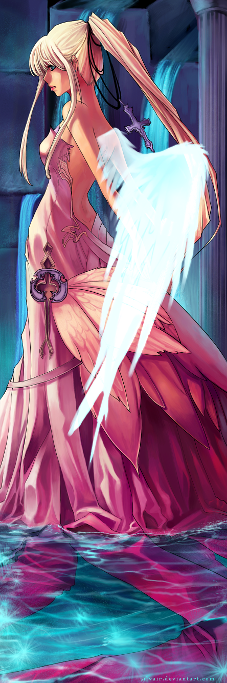 highres, long image, tall image, angel, backless dress, backless outfit, bare shoulders, blonde hair, cross, dress, green eyes, ponytail, solo, wading, water, wings
