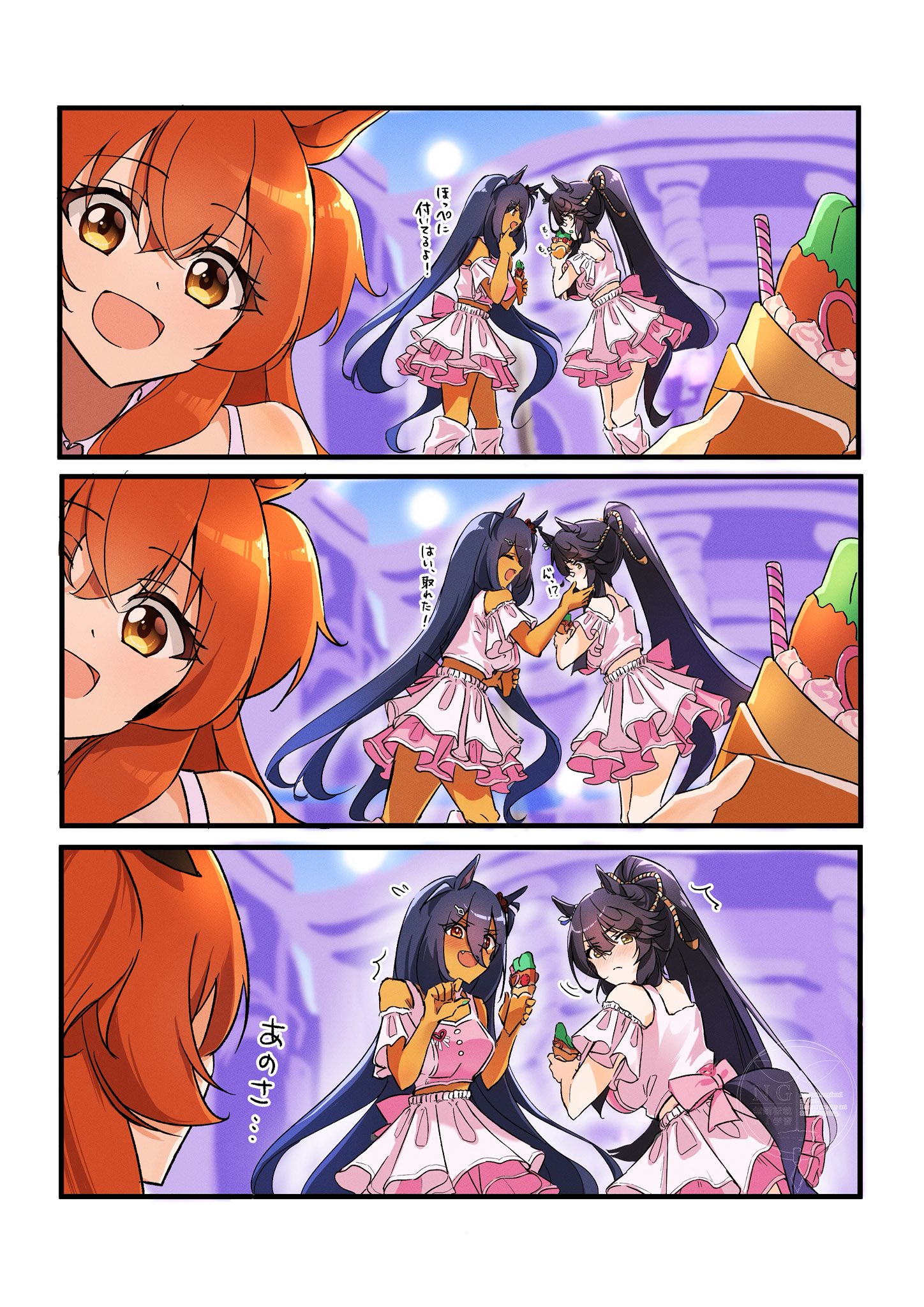 naegi happy, hishi amazon (umamusume), mayano top gun (umamusume), narita brian (umamusume), umamusume, highres, animal ears, bow, clothing cutout, crepe, cropped shirt, ear ornament, ear ribbon, food, holding, holding crepe, holding food, horse ears, horse girl, horse tail, layered skirt, loose socks, meni shuki rush-sshu!, pink shirt, pink skirt, pink socks, shirt, shoulder cutout, skirt, socks, tail