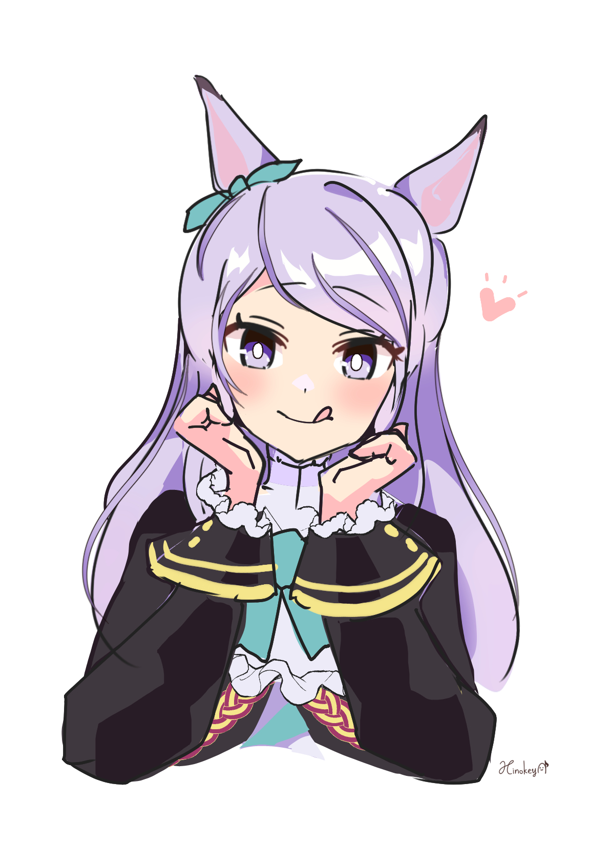 hinokey (hinokey0126), mejiro mcqueen (frontline elegance) (umamusume), mejiro mcqueen (umamusume), umamusume, highres, 1girl, :p, animal ears, aqua bow, blush, bow, ear bow, ear ornament, ear ribbon, frilled jacket, frills, hair ornament, horse ears, horse girl, jacket, long hair, long sleeves, looking at viewer, purple eyes, purple hair, shirt, smile, solo, swept bangs, tongue, tongue out