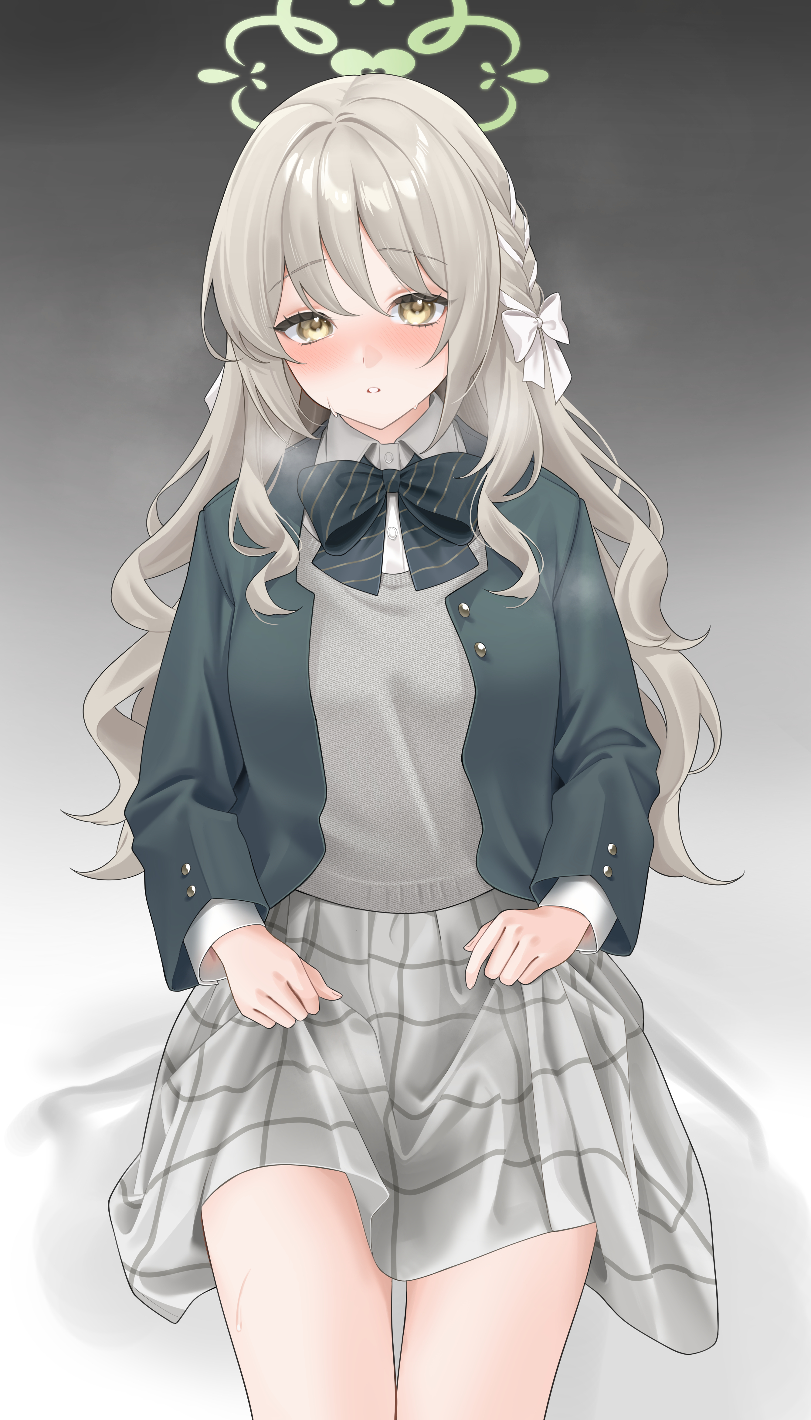 gfpebs, miyo (blue archive), blue archive, absurdres, commentary request, highres, 1girl, bed sheet, black bow, black bowtie, black jacket, blazer, blush, bow, bowtie, braid, diagonal-striped bow, diagonal-striped bowtie, diagonal-striped clothes, green halo, grey skirt, grey sweater vest, hair bow, hair ribbon, halo, jacket, long hair, long sleeves, looking at viewer, nose blush, open clothes, open jacket, ribbon, ribbon braid, shirt, side braids, sitting, skirt, skirt hold, solo, striped bow, striped bowtie, striped clothes, sweat, sweater vest, thighs, white bow, white shirt