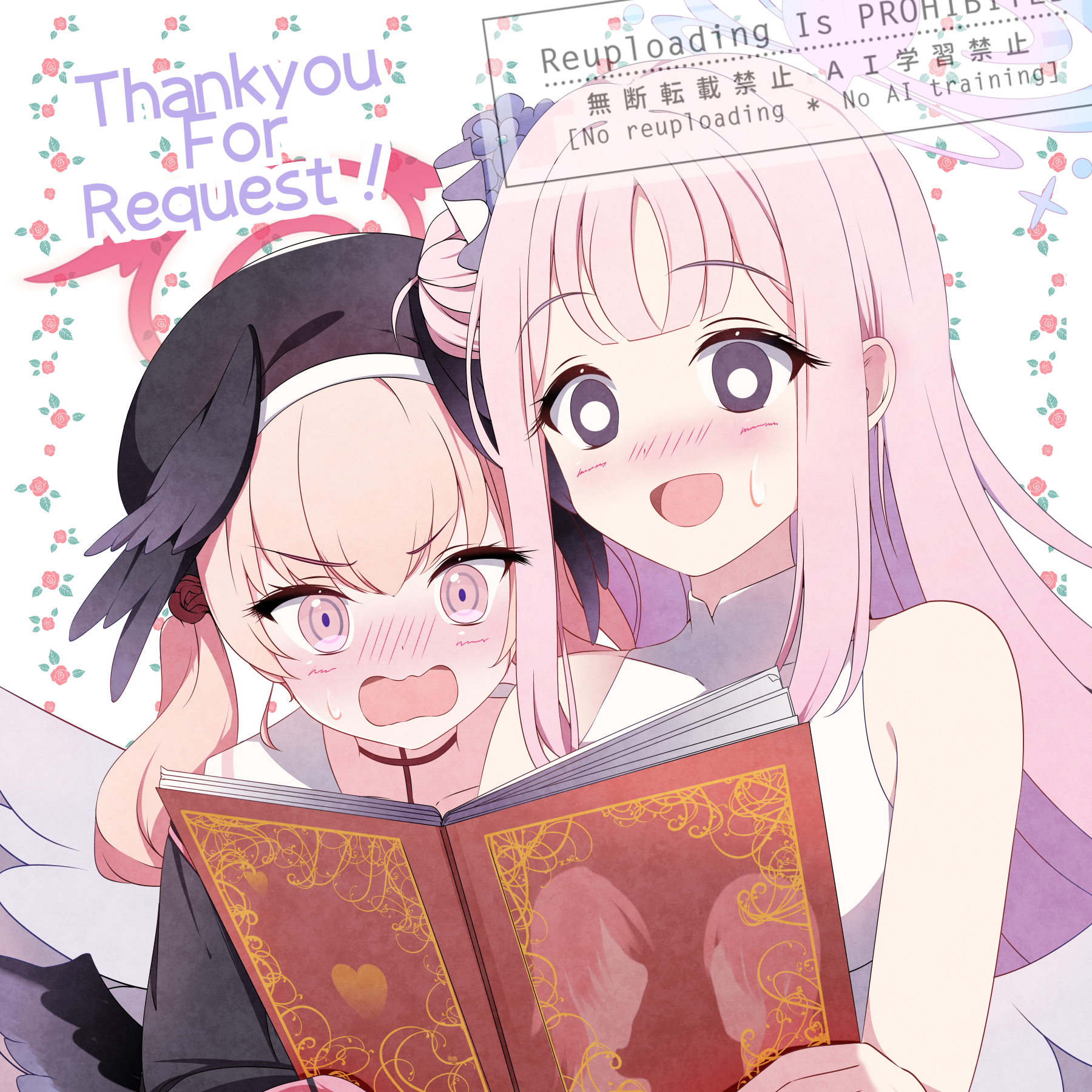furisuku (gerbera), koharu (blue archive), mika (blue archive), blue archive, commentary request, commission, highres, skeb commission, 2girls, black eyes, blush, book, empty eyes, english text, feathered wings, halo, hat, holding, holding book, multiple girls, pink eyes, pink hair, pornography, reading together, wings