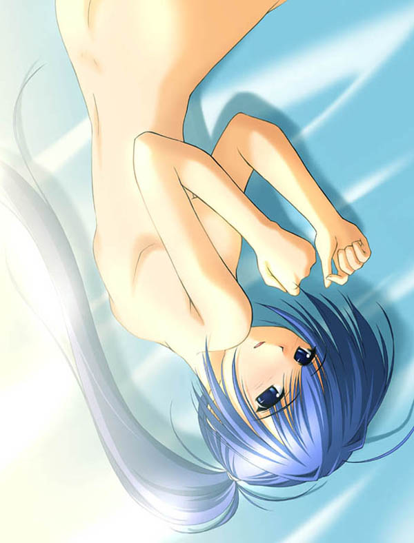 takepon, hayase mitsuki, kimi ga nozomu eien, 00s, 1girl, blue eyes, blue hair, covering breasts, covering privates, female focus, long hair, lying, matching hair/eyes, nude, on side, ponytail, solo, upside-down
