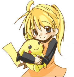 pika (pokemon), pikachu, yellow (pokemon), nintendo, pokemon, pokemon adventures, lowres, non-web source, 1girl, blonde hair, blue eyes, blush, child, gen 1 pokemon, hug, pokemon (creature), ponytail, simple background, smile, stuffed toy, white background