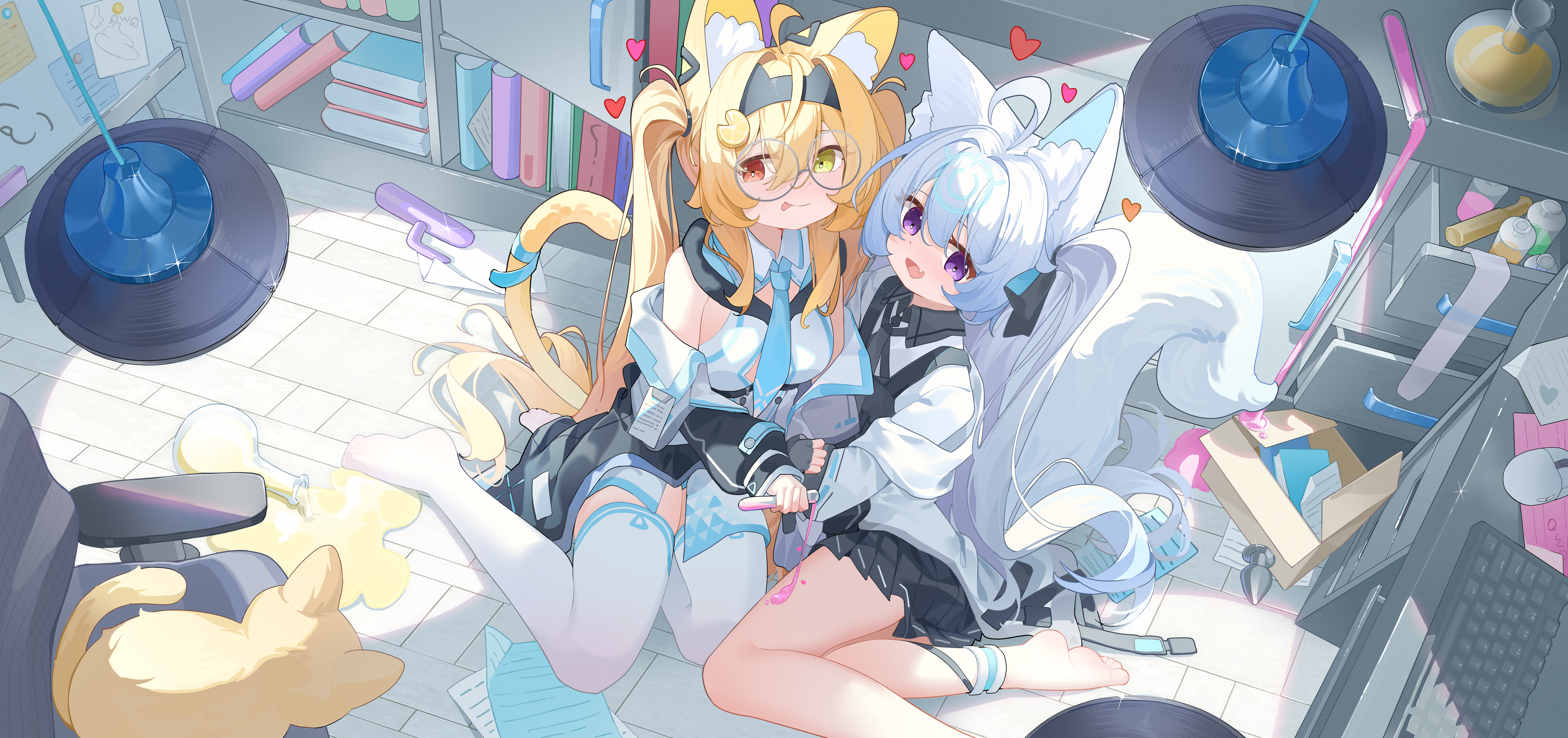 ningmeng jing jing jing jing, denghuo ju (vtuber), indie virtual youtuber, original, absurdres, chinese commentary, commentary request, highres, variant set, 2girls, ahoge, animal ear fluff, animal ears, blonde hair, heart, heterochromia, long hair, multiple girls, purple eyes, skirt, tail, thighhighs