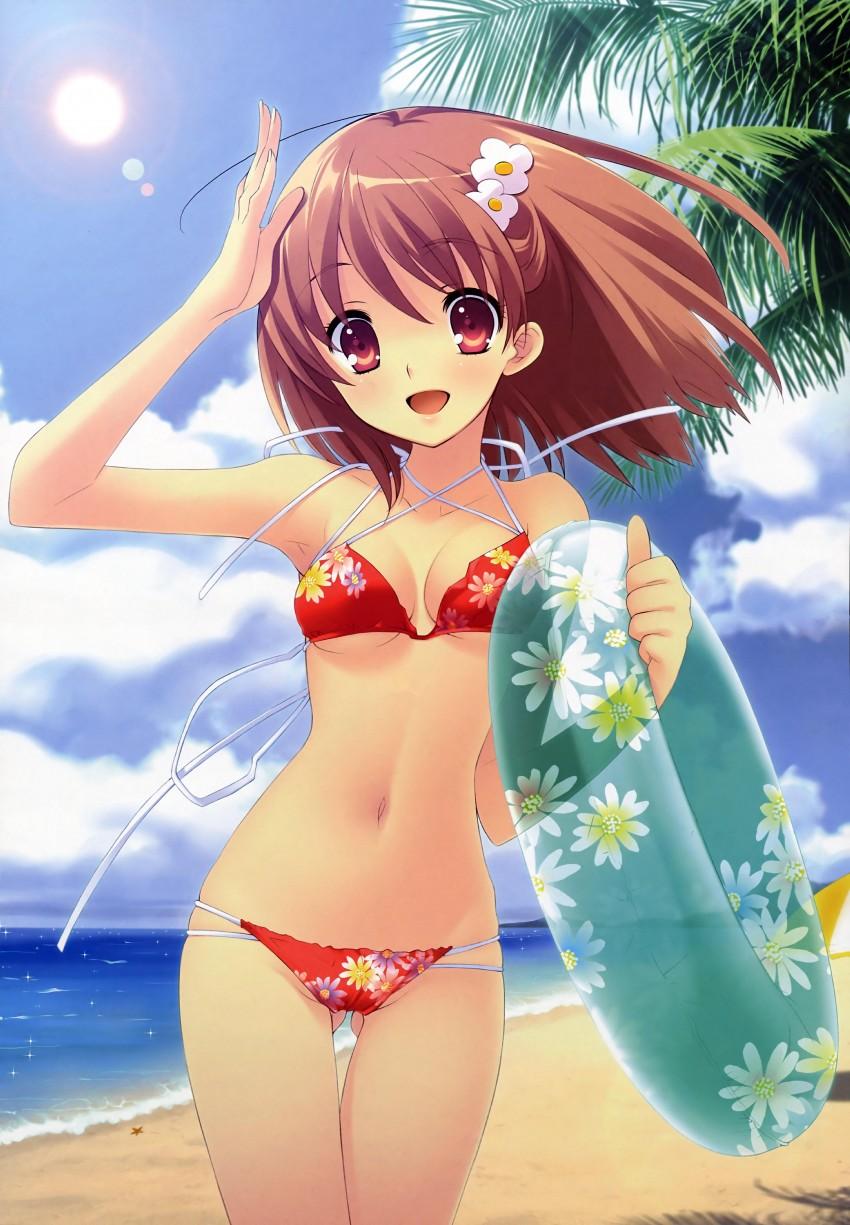 ito noizi, inaba yui, flyable heart, highres, scan, 1girl, :d, beach, bikini, blush, breasts, brown hair, cloud, cowboy shot, female focus, gluteal fold, hair ornament, hairpin, innertube, medium breasts, navel, ocean, open mouth, red bikini, red eyes, short hair, sky, smile, solo, sun, swim ring, swimsuit, thigh gap, underboob
