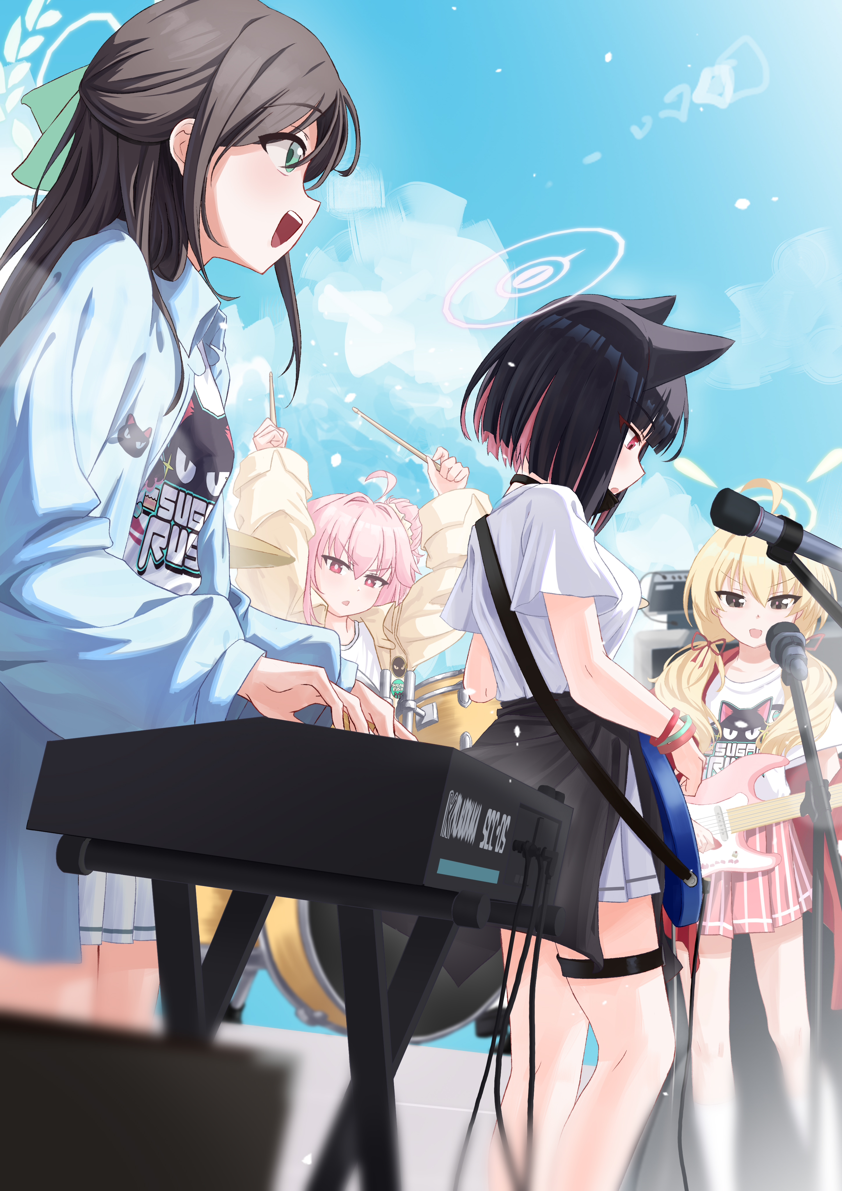 akazaki emu, airi (band) (blue archive), airi (blue archive), kazusa (band) (blue archive), kazusa (blue archive), natsu (band) (blue archive), natsu (blue archive), yoshimi (band) (blue archive), yoshimi (blue archive), blue archive, absurdres, highres, after-school sweets club (blue archive), bass guitar, black mask, blue jacket, cat girl, clothes around waist, colored inner animal ears, colored inner hair, drumsticks, electric guitar, extra ears, fender jazz bass, guitar, halo, holding, holding drumsticks, instrument, jacket, jacket around waist, logo print, low twintails, mask pull, multicolored hair, official alternate costume, pink hair, pink halo, pink skirt, print shirt, red jacket, shirt, skirt, twintails, two-tone hair, white skirt, yellow halo