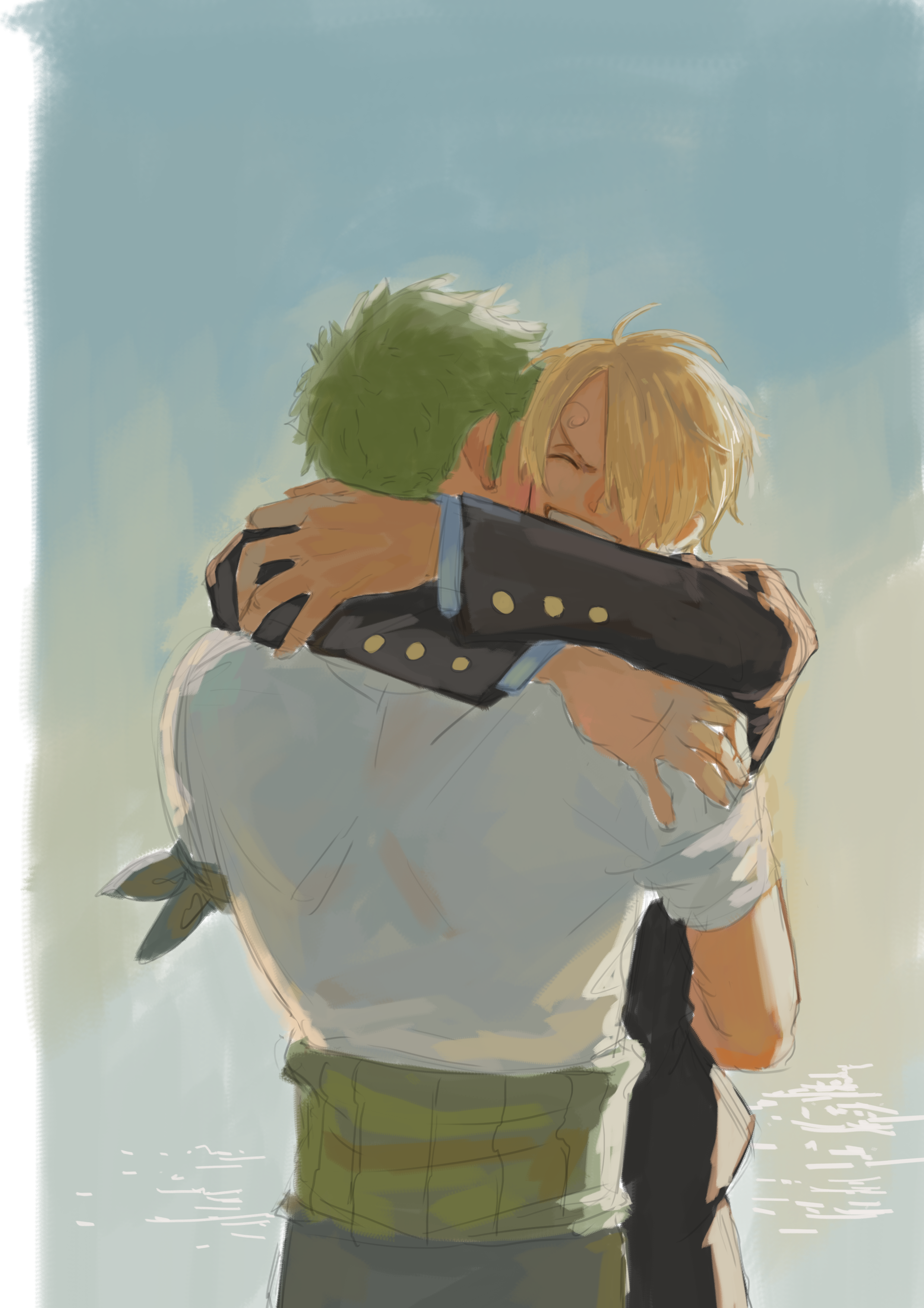 jennyandloiryan, roronoa zoro, sanji (one piece), one piece, absurdres, commentary, highres, 2boys, black jacket, black pants, blonde hair, blue shirt, closed eyes, curly eyebrows, happy, hug, jacket, long sleeves, male focus, multiple boys, open mouth, pants, shirt, short hair, short sleeves, upper body, white shirt, yaoi