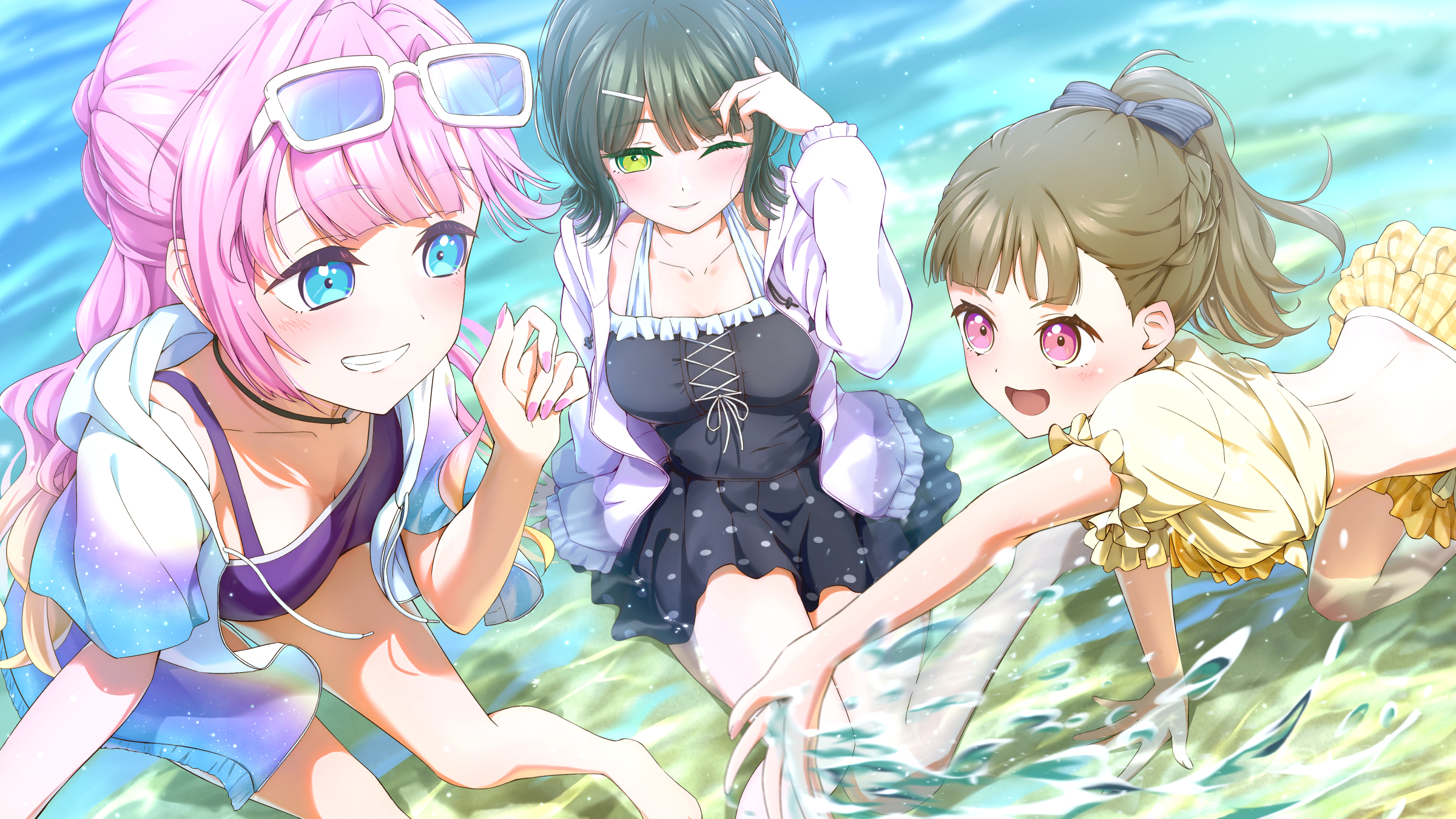 prbili, anyoji hime, anyoji hime (swimsuit), kachimachi kosuzu, kachimachi kosuzu (swimsuit), momose ginko, momose ginko (swimsuit), link! like! love live!, love live!, commentary, highres, revision, 3girls, :d, ;), all fours, back, barefoot, beach, bent over, bikini, black one-piece swimsuit, black ribbon, blue-tinted eyewear, blue eyes, blunt bangs, blush, braid, breasts, brown hair, center cross lace, cleavage, closed mouth, collarbone, covered navel, cross-laced clothes, cross-laced one-piece swimsuit, eyewear on head, flipped hair, frilled bikini, frilled one-piece swimsuit, frills, gradient clothes, gradient jacket, green eyes, green hair, grin, hair intakes, hair ornament, hair ribbon, hairclip, half up braid, half updo, hasu no shousankaku, hood, hood down, hooded jacket, jacket, jacket over swimsuit, long hair, looking at another, medium breasts, medium hair, multiple girls, official alternate costume, one-piece swimsuit, one eye closed, open clothes, open jacket, open mouth, outdoors, pink eyes, pink hair, pink nails, polka dot one-piece swimsuit, ponytail, purple bikini, ribbon, ruffle bikini, short-sleeved jacket, short hair, short sleeves, sidelocks, sitting, smile, standing, swept bangs, swimsuit, swimsuit skirt, tied jacket, tinted eyewear, v-shaped eyebrows, virtual youtuber, wariza, wavy hair, white-framed eyewear, white jacket, yellow bikini, yellow jacket