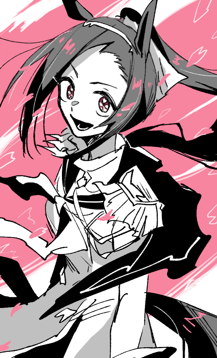 ahozur dayo, sakura bakushin o (blossom in learning) (umamusume), sakura bakushin o (umamusume), umamusume, 1girl, animal ears, bow, ear ornament, epaulettes, flower in eye, gloves, hairband, horse ears, horse girl, horse tail, long hair, looking at viewer, monochrome, open mouth, partially colored, ponytail, school uniform, smile, solo, symbol in eye, tail