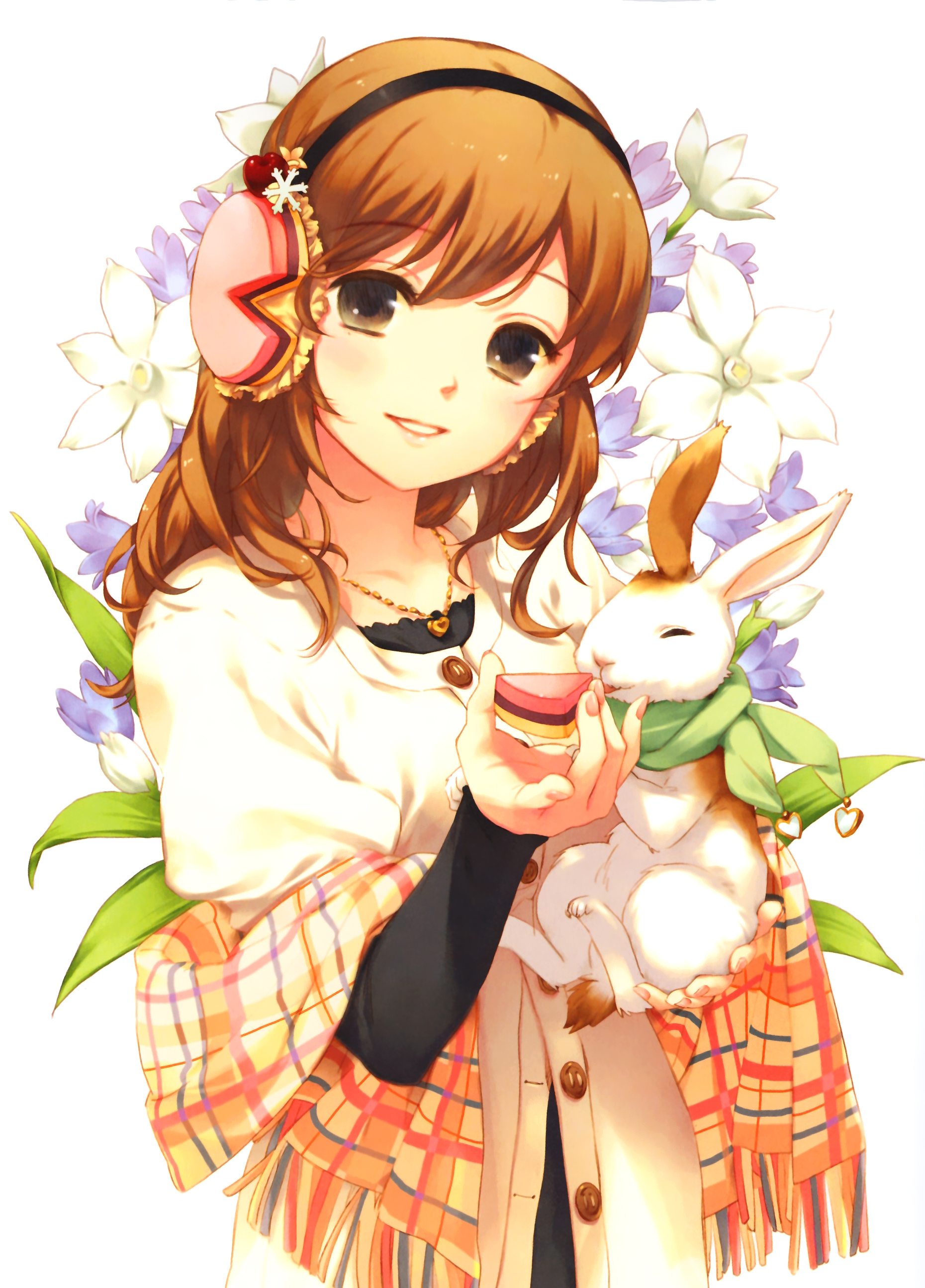 miyata souji, original, absurdres, highres, 1girl, brown eyes, earmuffs, female focus, flower, food-themed clothes, food-themed hair ornament, hair ornament, head tilt, heart, heart necklace, jewelry, necklace, orange hair, plaid clothes, plaid shawl, rabbit, shawl, solo, swept bangs, white background