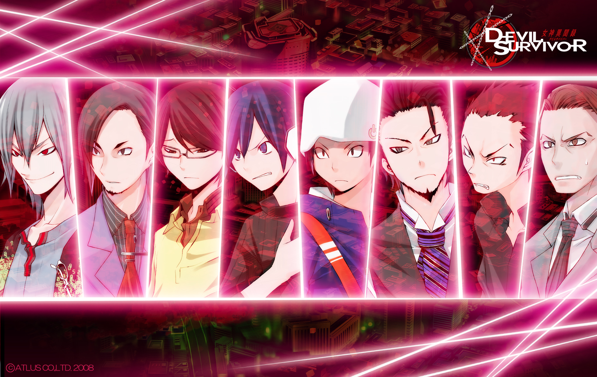 yasuda suzuhito, honda yasuyuki, kamiya eiji, kihara atsurou, loki (devil survivor), naoya (devil survivor), nikaidou tadashi, protagonist (devil survivor), takagi keisuke, atlus, devil survivor (series), devil survivor 1, looking away, highres, official art, official wallpaper, 6+boys, angry, beanie, beard, black hair, blue eyes, blue hair, brown eyes, brown hair, city, clenched teeth, column lineup, everyone, facial hair, formal clothes, frown, glasses, glowing, goatee, grey eyes, grey hair, hair between eyes, hand on own chest, hat, headphones, hood, hoodie, male focus, multiple boys, necktie, parted bangs, red eyes, shirt, short hair, sideburns, smile, striped clothes, striped shirt, stuble, suit, sweatdrop, teeth, upper body