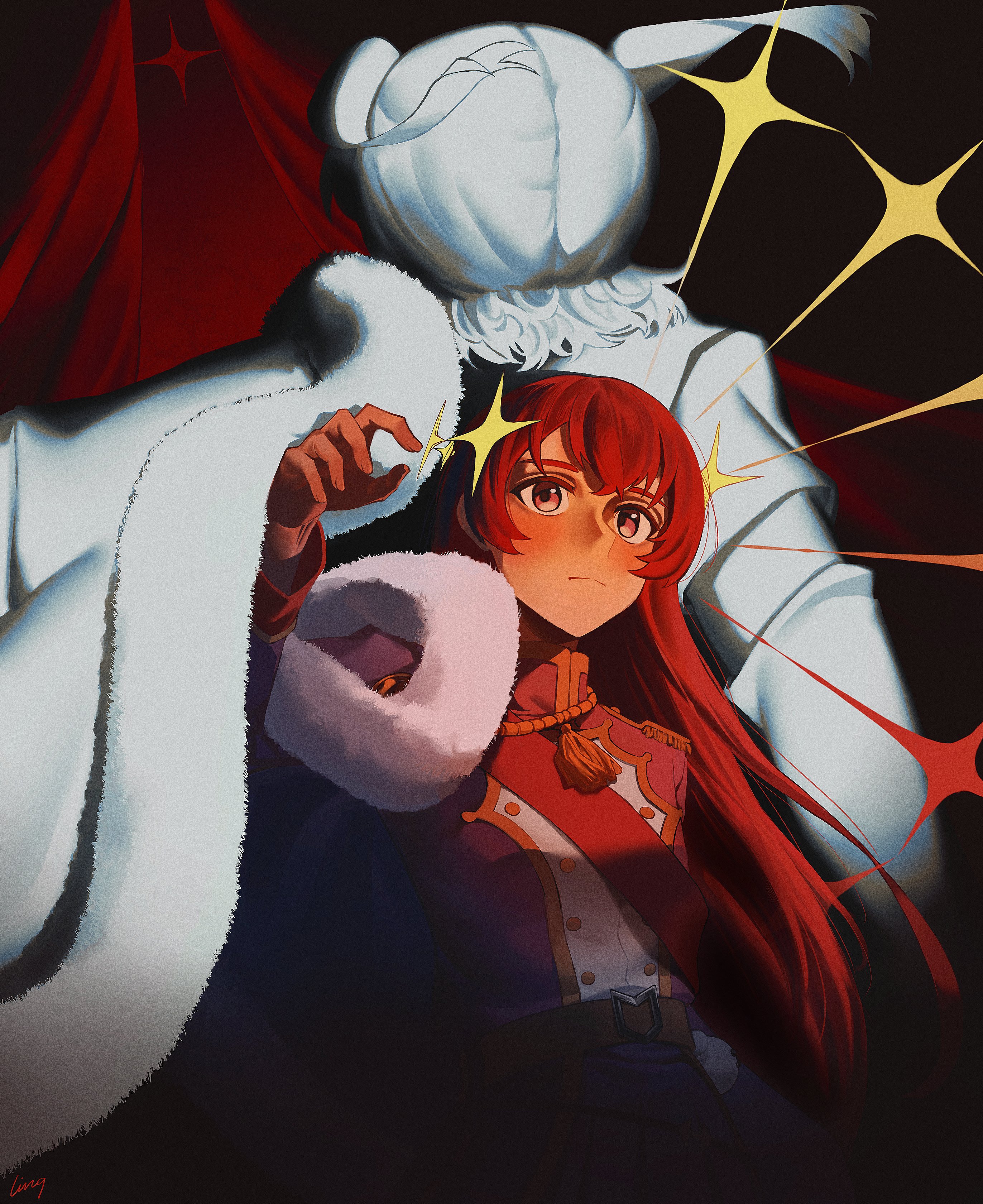 ling (chaaaaanhikari), aijou karen, kagura hikari, shoujo kageki revue starlight, absurdres, commentary, english commentary, highres, 2girls, arm at side, artist name, belt, belt buckle, blush, brown eyes, brown hair, buckle, closed mouth, curtains, epaulettes, facing away, floating hair, floating headgear, fur-trimmed jacket, fur trim, hand up, headgear, indoors, jacket, jacket on shoulders, long hair, long sleeves, looking at viewer, multicolored jacket, multiple girls, partially colored, purple jacket, red sash, sash, shade, short hair, shoulder sash, sparkle, stage curtains, standing, tassel, two-tone jacket, two side up, upper body, very long hair, white jacket, yellow belt
