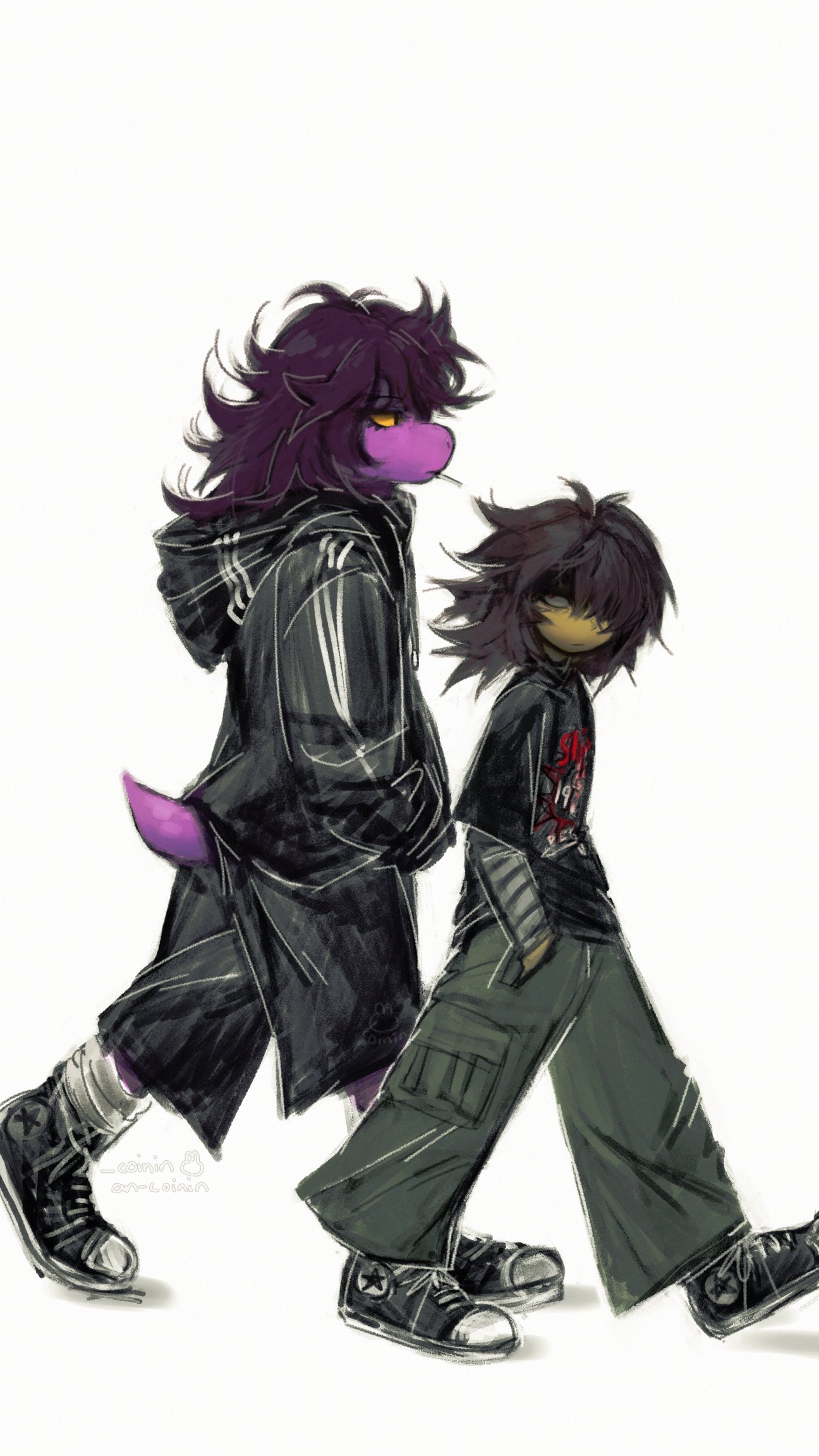 kris (deltarune), susie (deltarune), deltarune, utdr (toby fox), highres, 1girl, 1other, alternate costume, an-coinin, colored sclera, full body, hands in pockets, medium hair, messy hair, reptile girl, simple background, walking, white background, yellow sclera